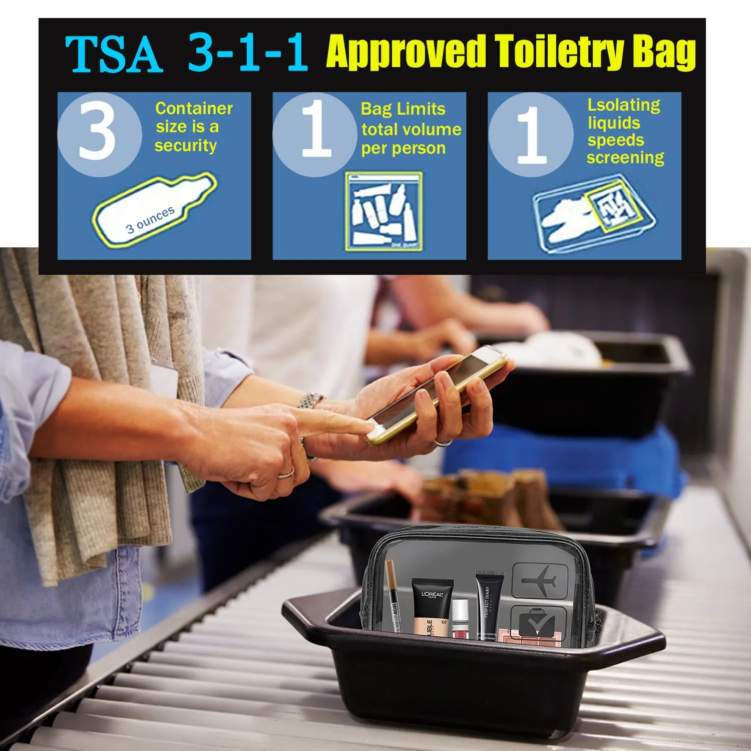 MODENGKONGJIAN TSA Approved Toiletry Bag, 3 Pcs Clear Toiletries Bags Quart Size Travel Makeup Cosmetic Bag for Women Men, Carry on Airport Airline Compliant Bag (Pearl White)