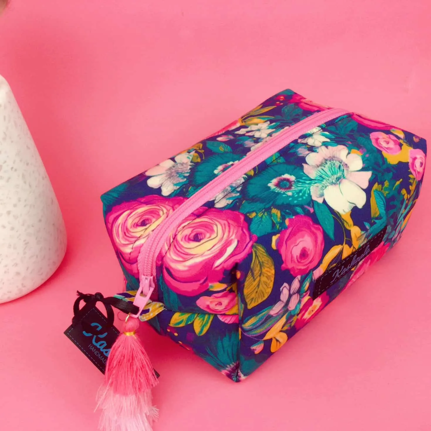 Navy and Pink Floral Medium Box Makeup Bag.