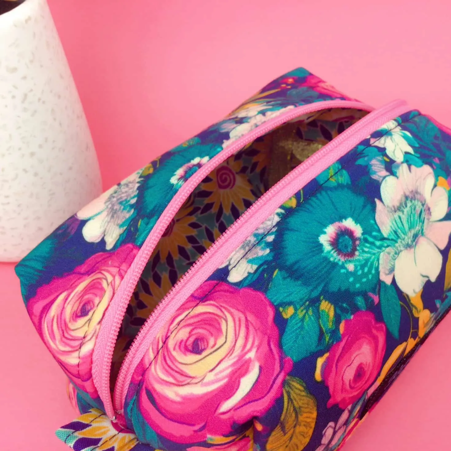 Navy and Pink Floral Medium Box Makeup Bag.