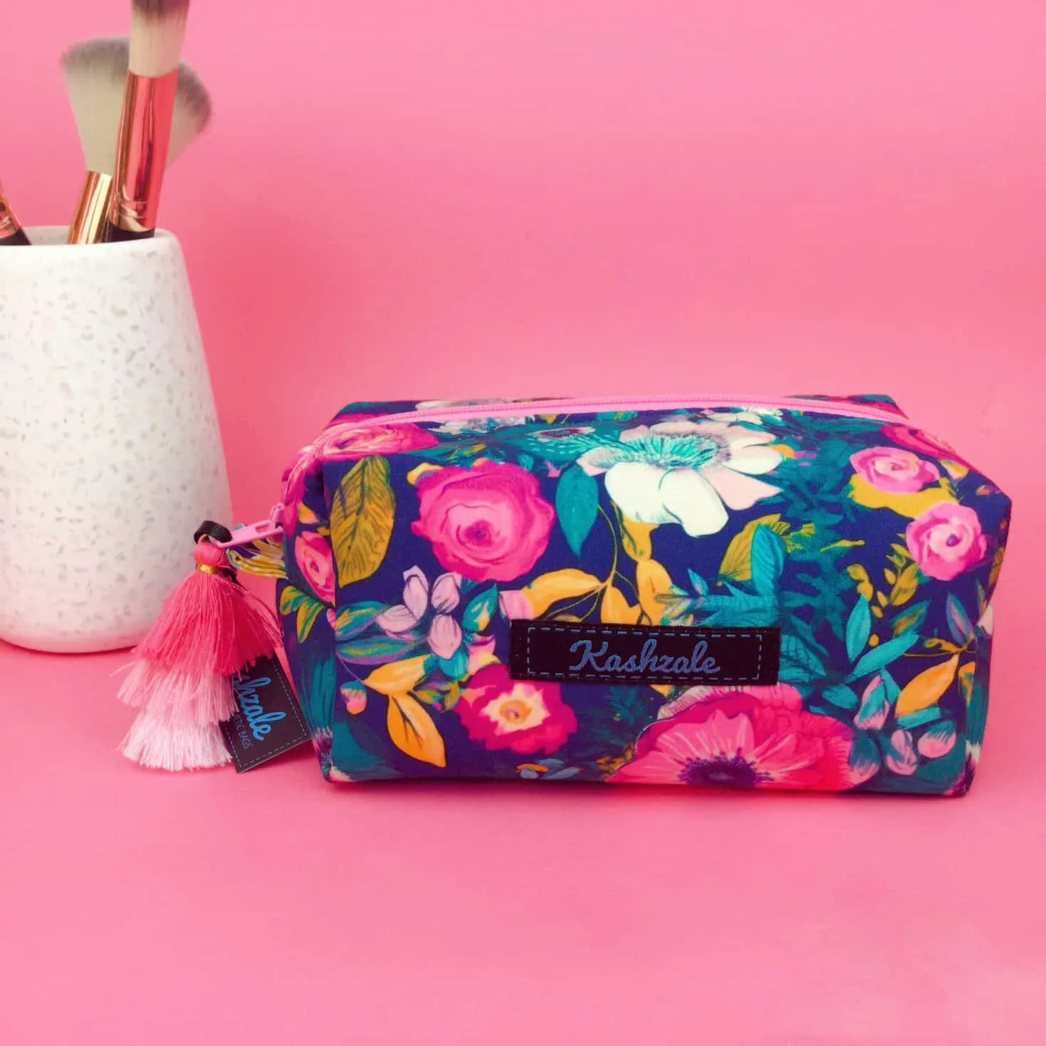 Navy and Pink Floral Medium Box Makeup Bag.