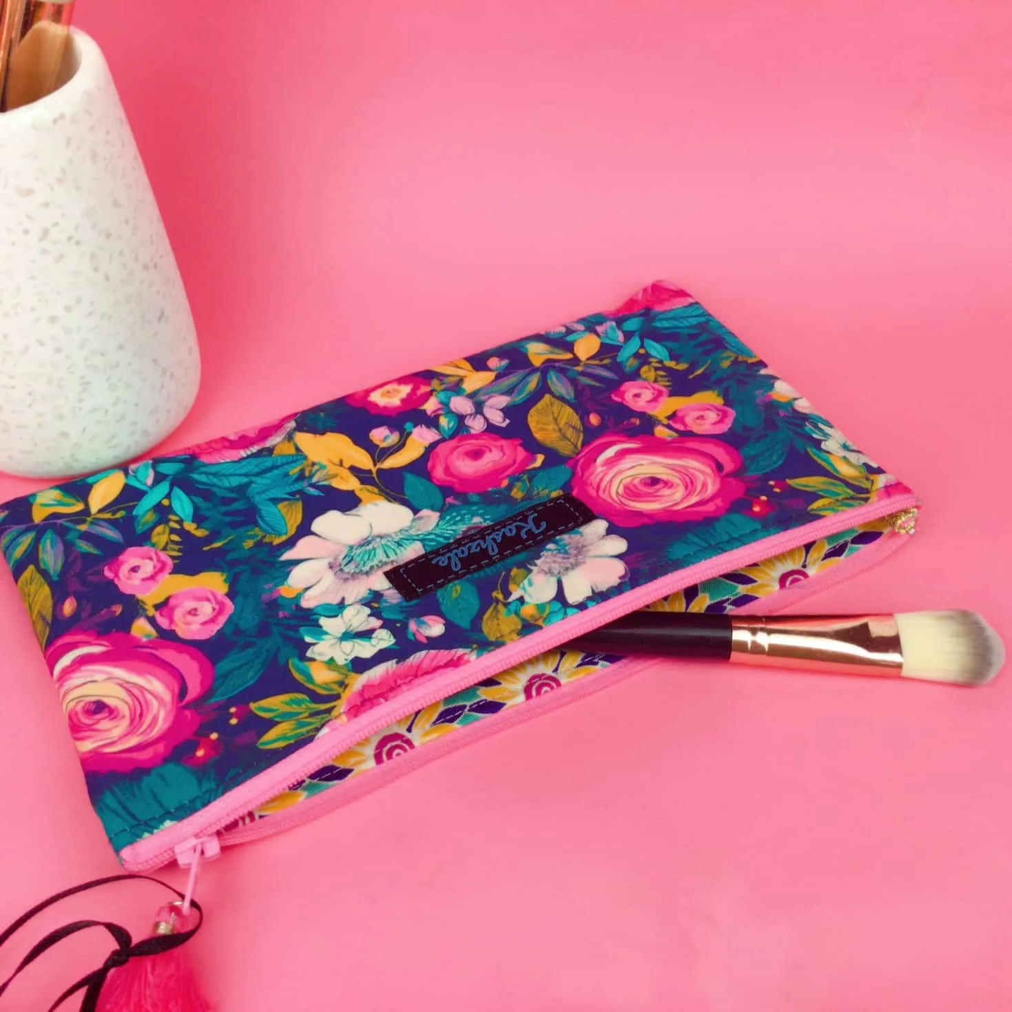Navy and Pink Floral Zipper Pouch, Travel Pouch.
