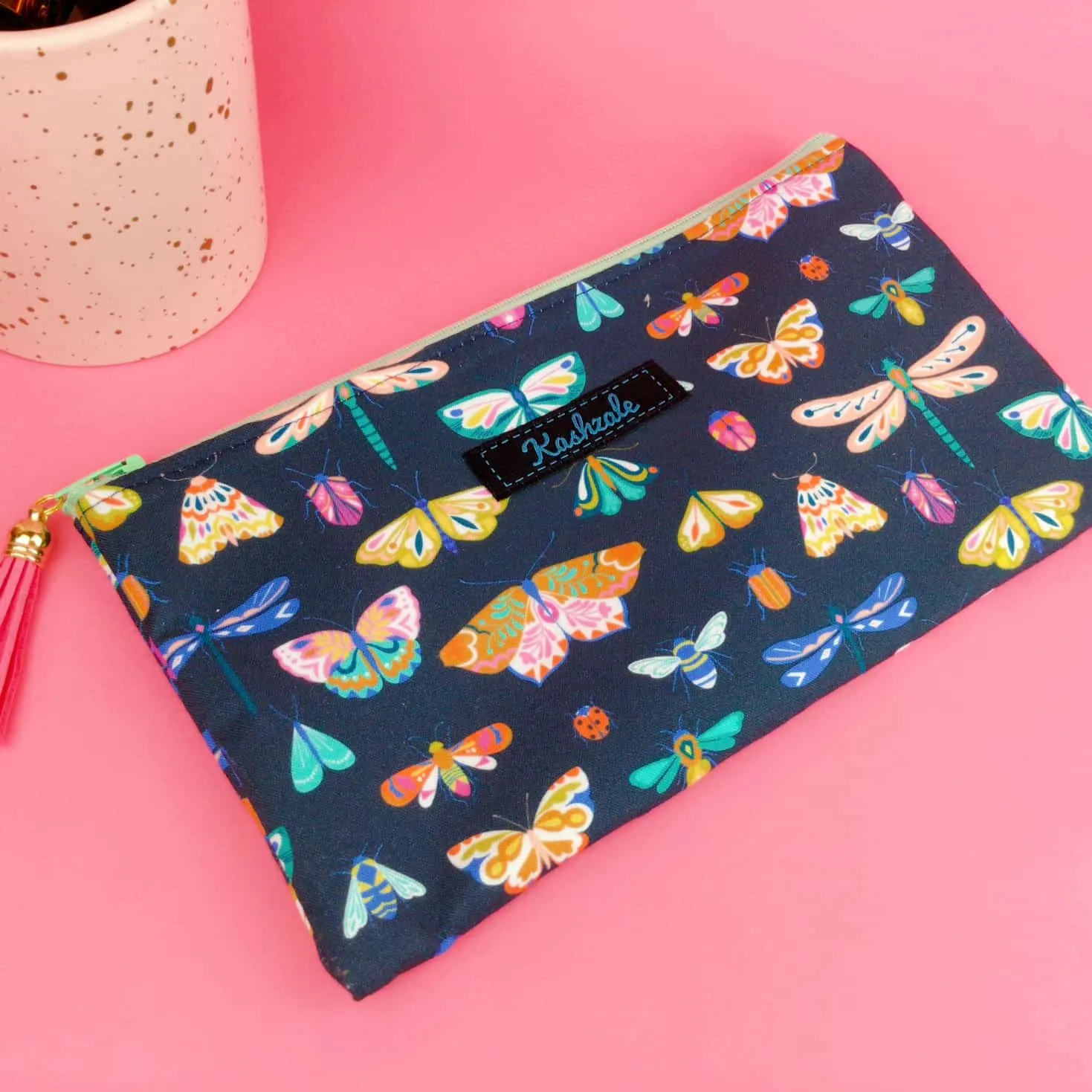 Navy Butterflies and Bugs Zipper Pouch, Travel Pouch.