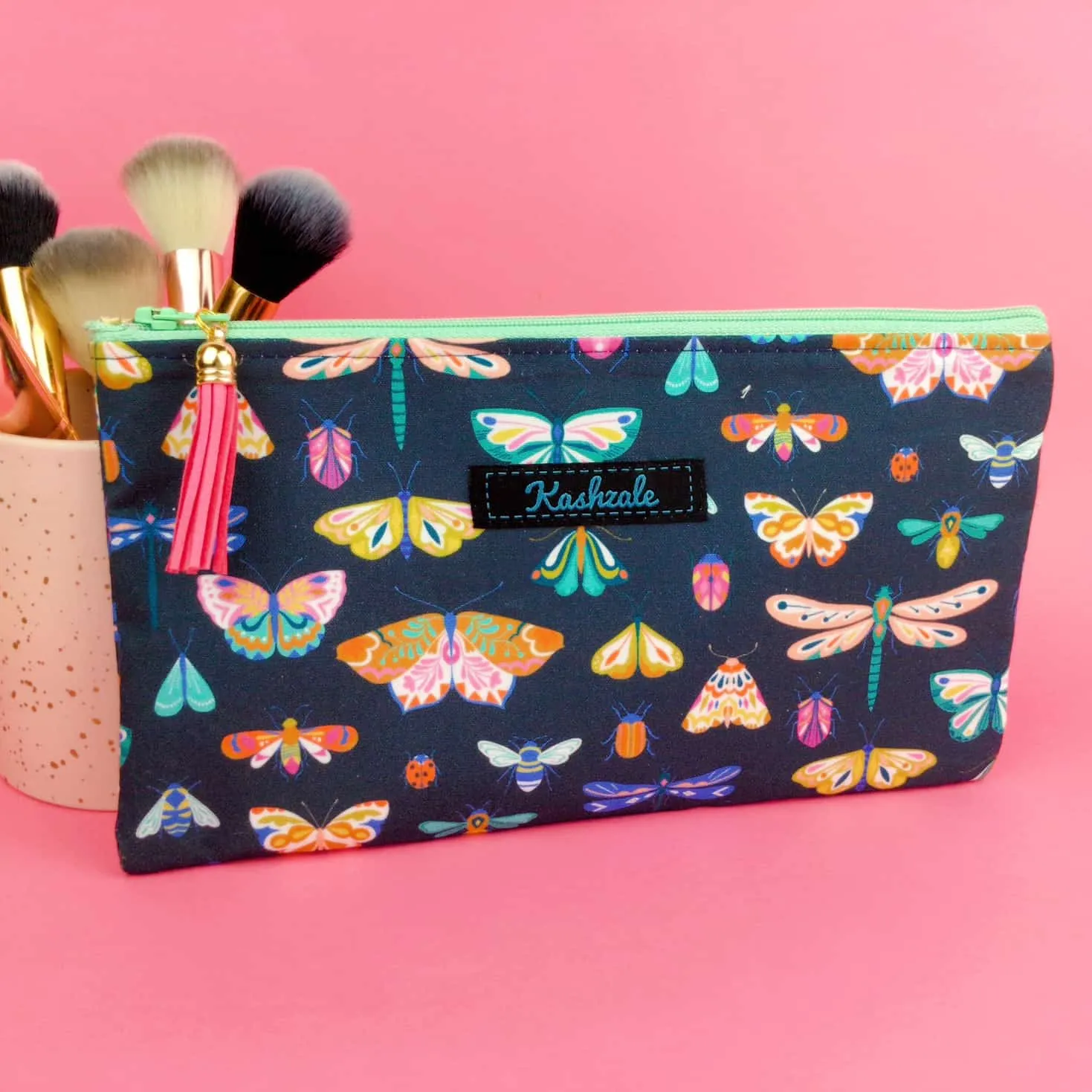 Navy Butterflies and Bugs Zipper Pouch, Travel Pouch.