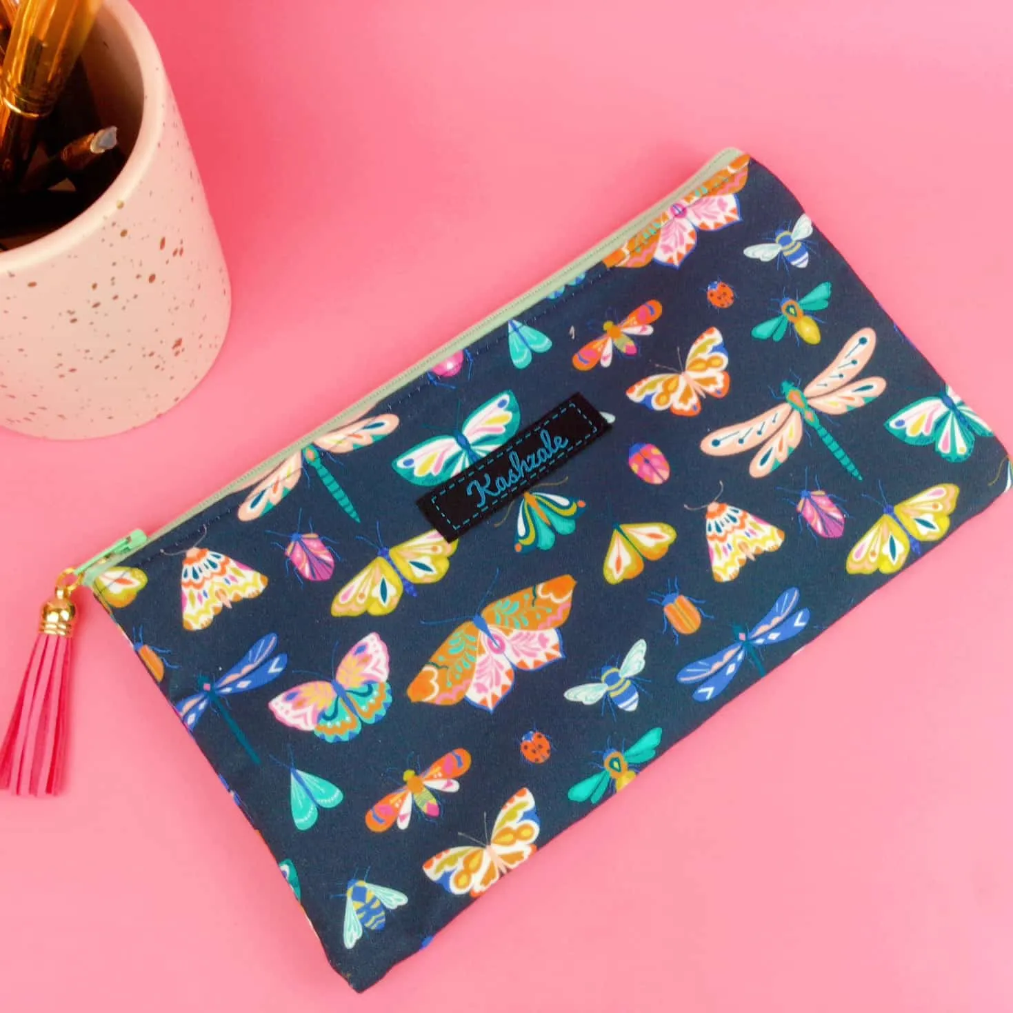 Navy Butterflies and Bugs Zipper Pouch, Travel Pouch.