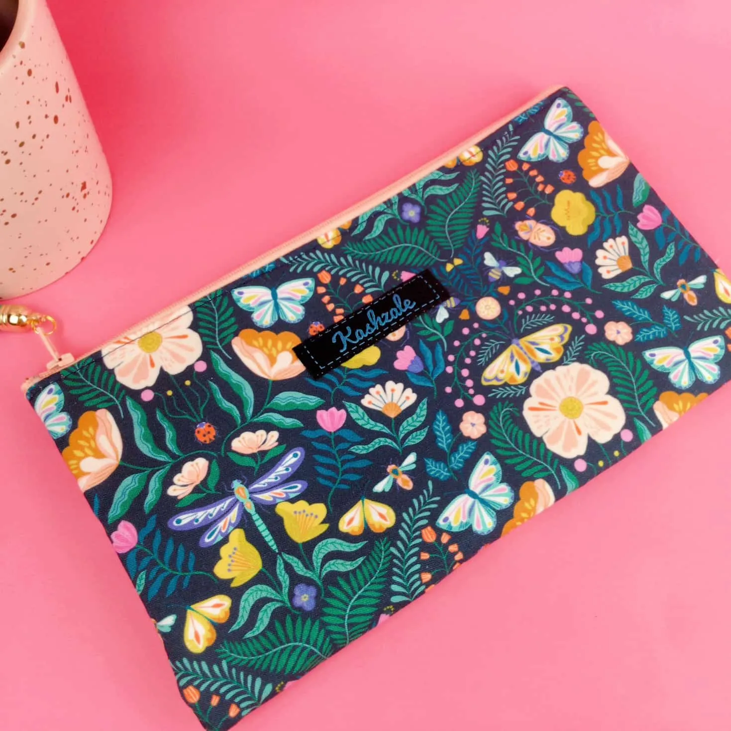 Navy Floral Zipper Pouch, Travel Pouch.