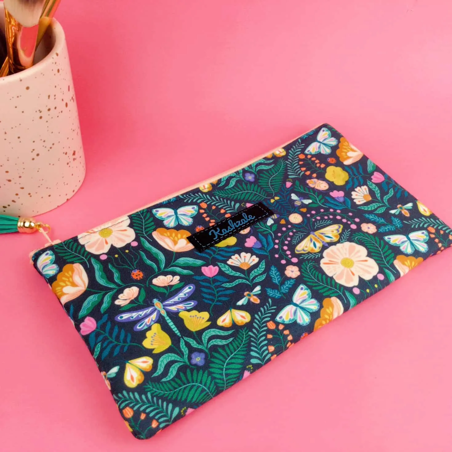 Navy Floral Zipper Pouch, Travel Pouch.