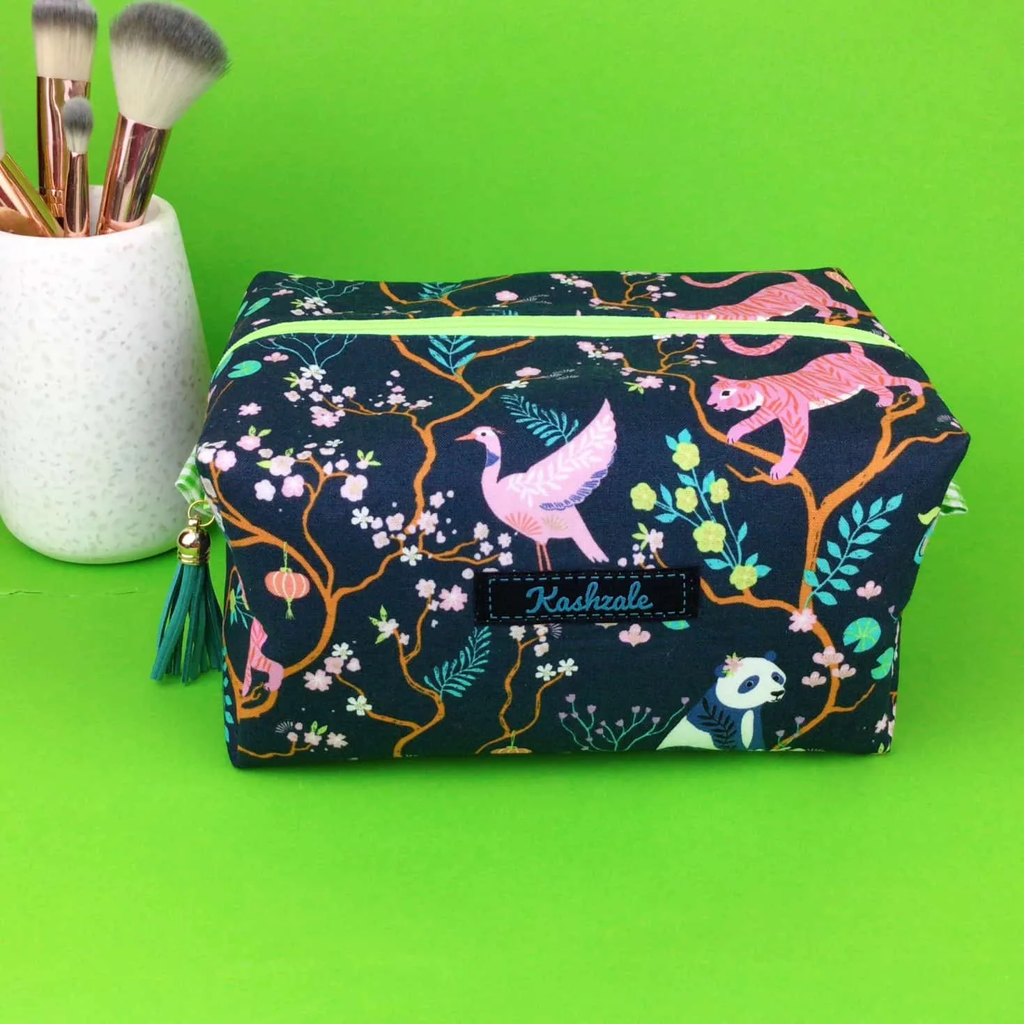 Navy Pandas and Tigers Large Box Cosmetic Bag. Navy Makeup Bag