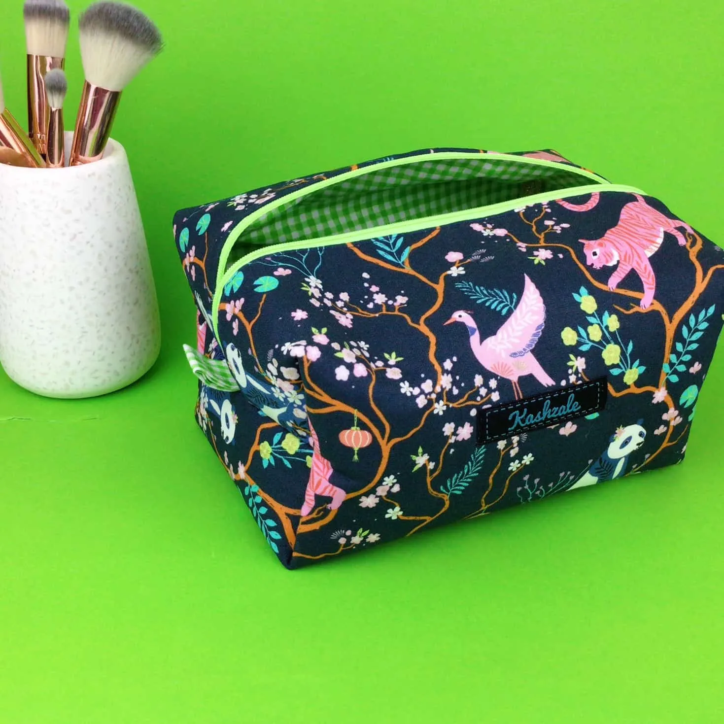 Navy Pandas and Tigers Large Box Cosmetic Bag. Navy Makeup Bag