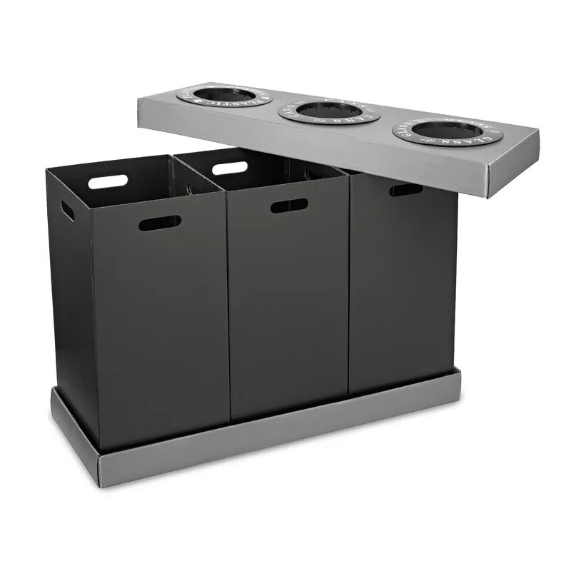 New Alpine Industries 3-Compartment Indoor Trash Can & Recycling Bin - Black (471-03-BLK), Size: X- Large (over 26 gallons), Labels provided for glass, plastic, recyclables and waste for 12 in. deposit openings.