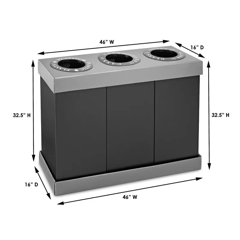 New Alpine Industries 3-Compartment Indoor Trash Can & Recycling Bin - Black (471-03-BLK), Size: X- Large (over 26 gallons), Labels provided for glass, plastic, recyclables and waste for 12 in. deposit openings.