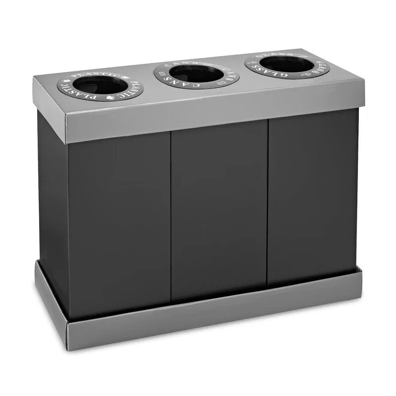 New Alpine Industries 3-Compartment Indoor Trash Can & Recycling Bin - Black (471-03-BLK), Size: X- Large (over 26 gallons), Labels provided for glass, plastic, recyclables and waste for 12 in. deposit openings.