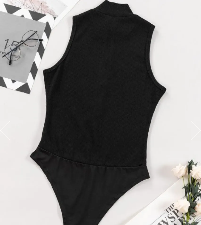 NEW Black Zip up Mock Neck Ribbed Sleeveless Bodysuit, Sz S
