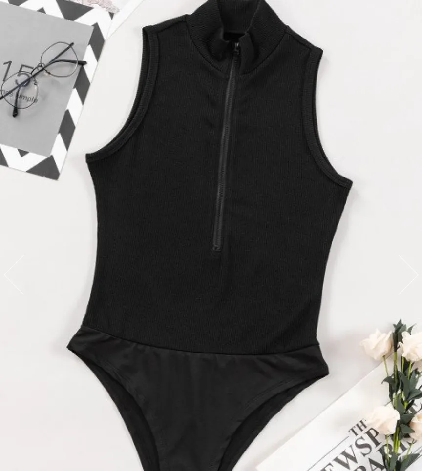 NEW Black Zip up Mock Neck Ribbed Sleeveless Bodysuit, Sz S