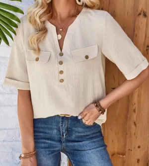 NEW Women's Short Sleeve Shirt With Notch Neck, Sz XL