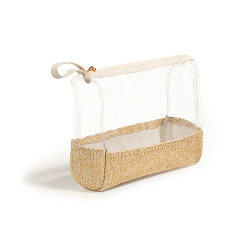 New Women's Straw Woven Cosmetic Storage Bag Transparent Toiletry Makeup Handheld Storage Bag C-240528-L1