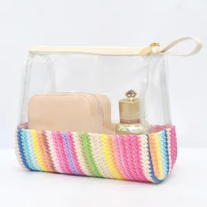 New Women's Straw Woven Cosmetic Storage Bag Transparent Toiletry Makeup Handheld Storage Bag C-240528-L1
