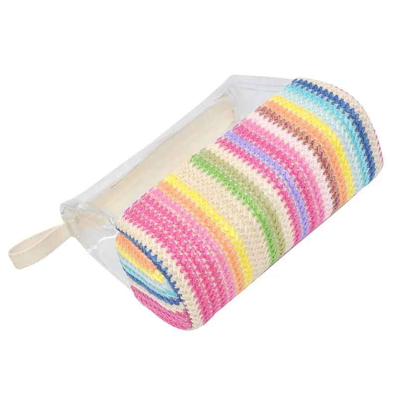 New Women's Straw Woven Cosmetic Storage Bag Transparent Toiletry Makeup Handheld Storage Bag C-240528-L1