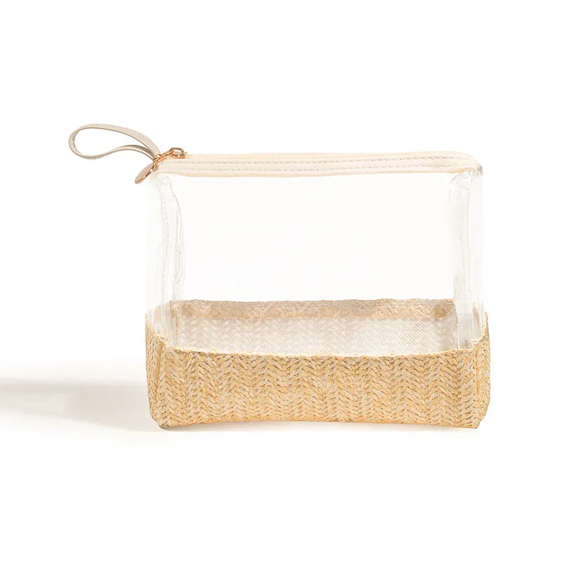 New Women's Straw Woven Cosmetic Storage Bag Transparent Toiletry Makeup Handheld Storage Bag C-240528-L1