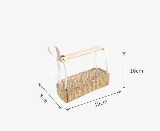 New Women's Straw Woven Cosmetic Storage Bag Transparent Toiletry Makeup Handheld Storage Bag C-240528-L1