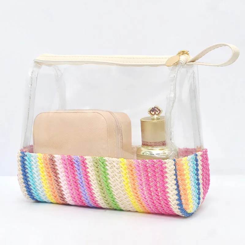 New Women's Straw Woven Cosmetic Storage Bag Transparent Toiletry Makeup Handheld Storage Bag C-240528-L1