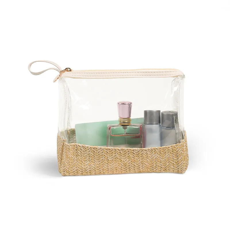 New Women's Straw Woven Cosmetic Storage Bag Transparent Toiletry Makeup Handheld Storage Bag C-240528-L1