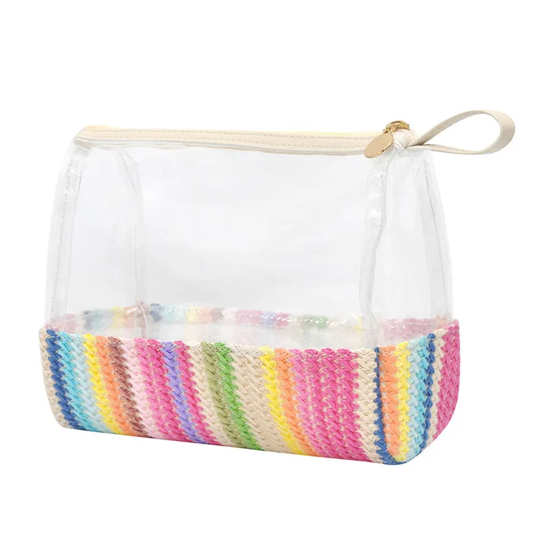 New Women's Straw Woven Cosmetic Storage Bag Transparent Toiletry Makeup Handheld Storage Bag C-240528-L1