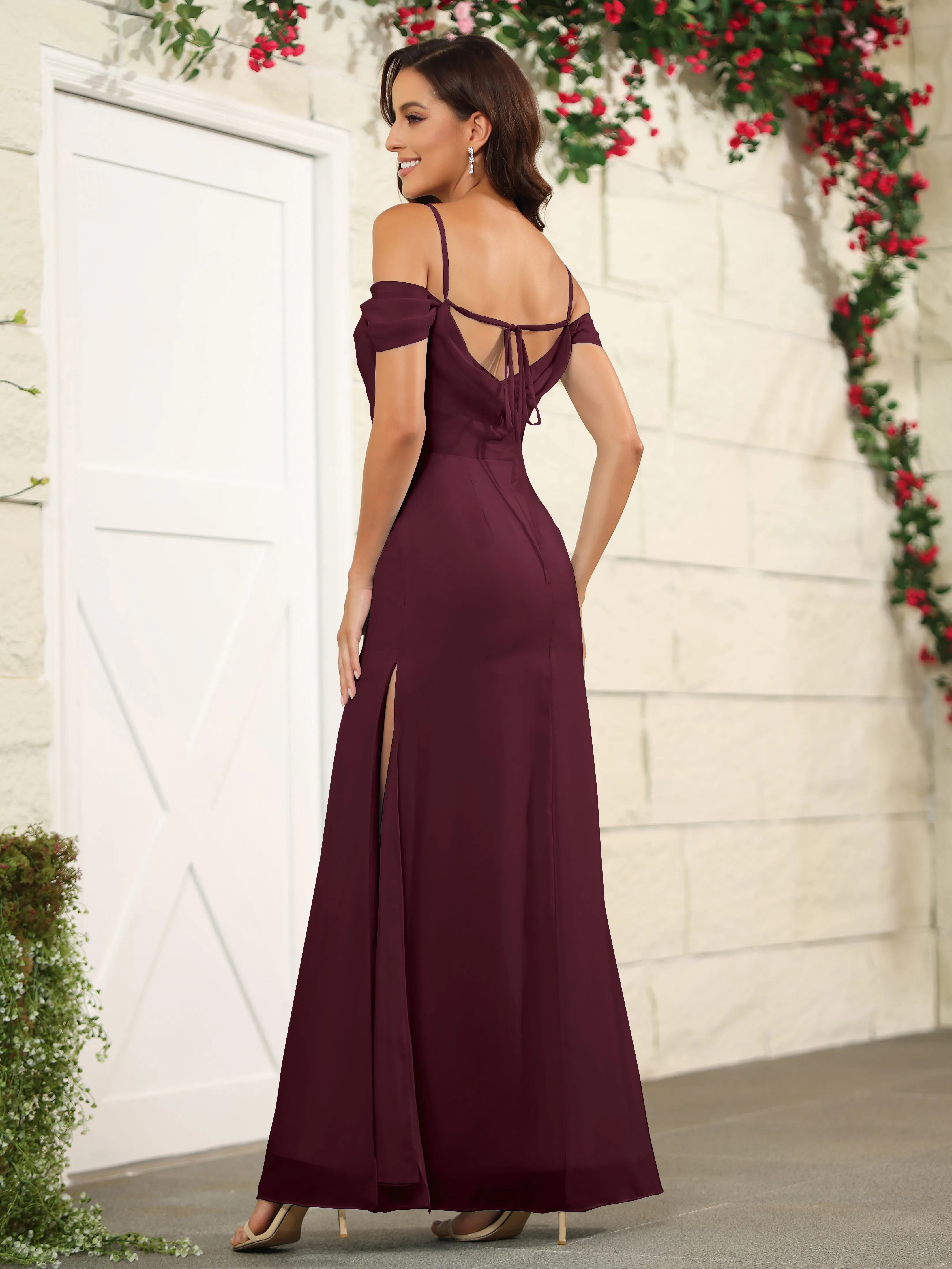 Off The Shoulder Spaghetti Straps Chiffon Bridesmaid Dress with Slit