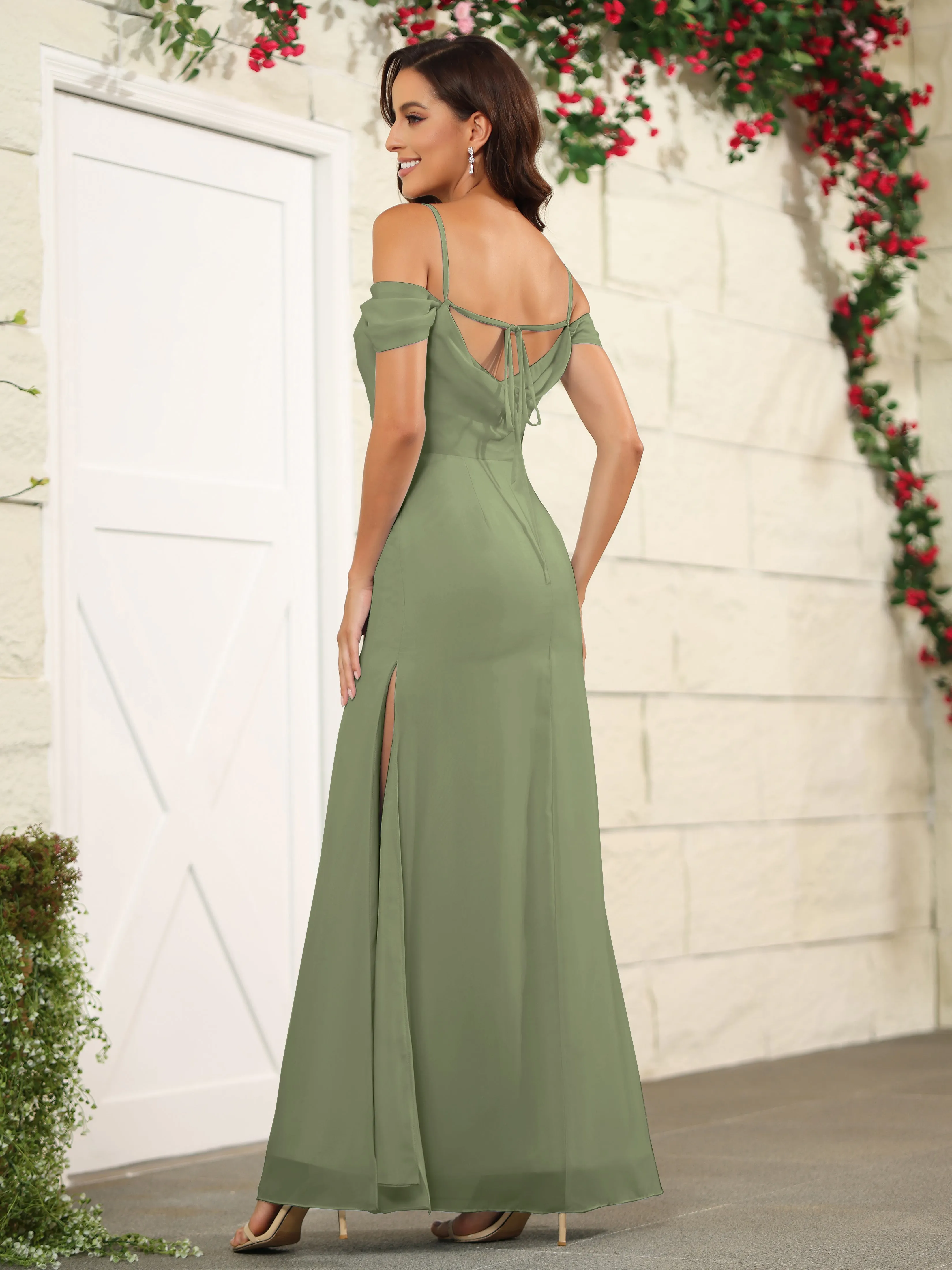 Off The Shoulder Spaghetti Straps Chiffon Bridesmaid Dress with Slit
