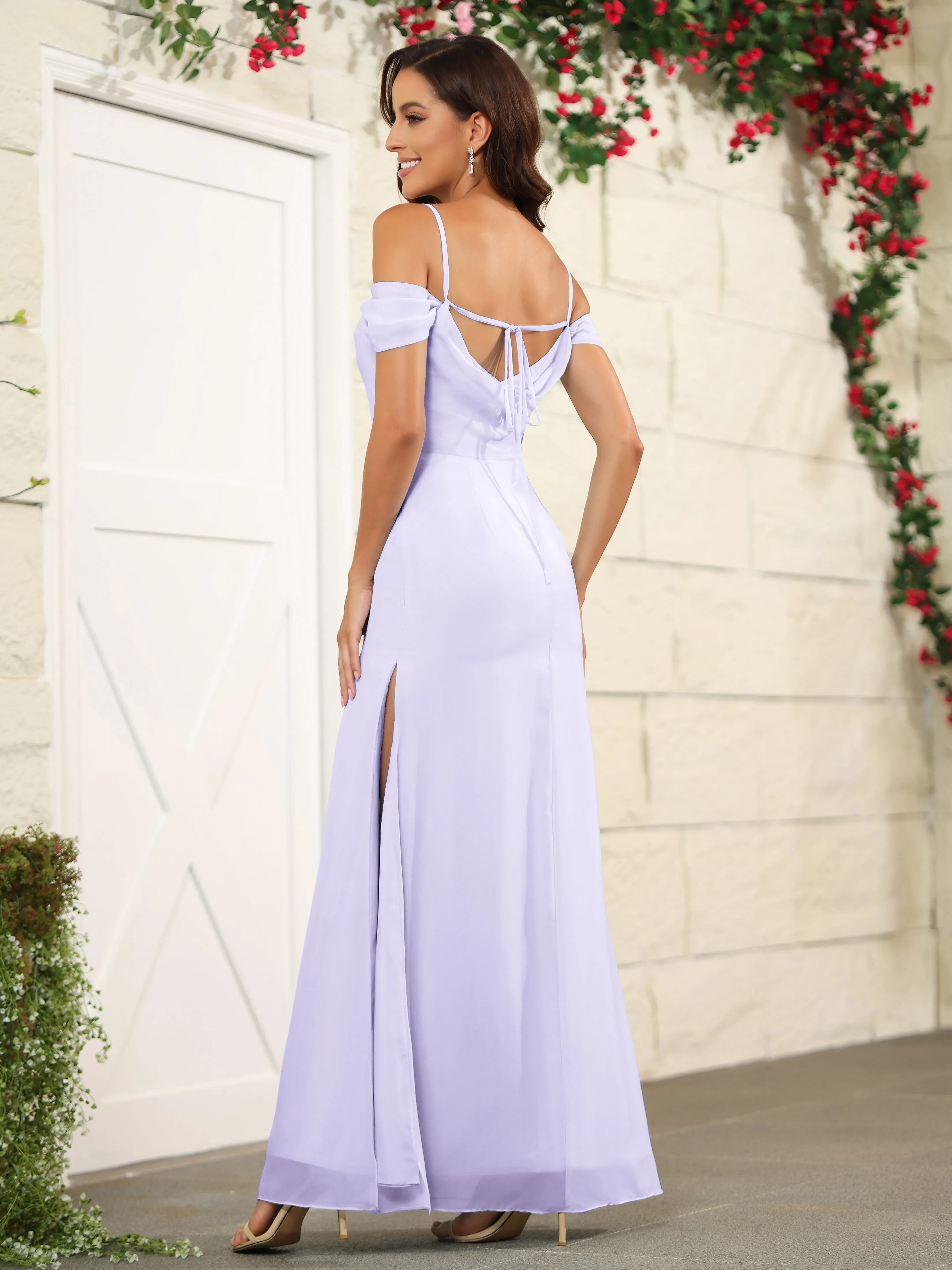 Off The Shoulder Spaghetti Straps Chiffon Bridesmaid Dress with Slit
