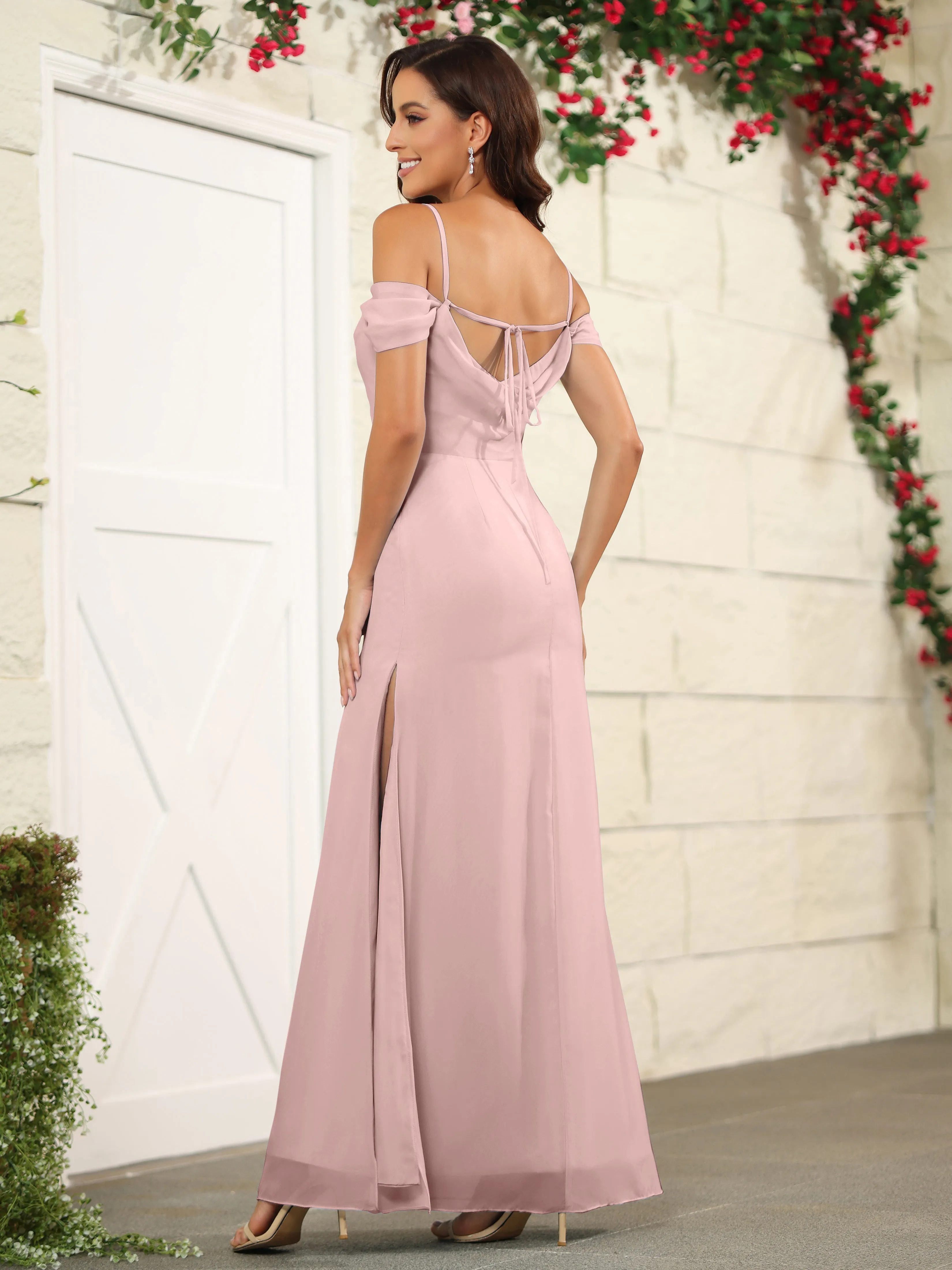 Off The Shoulder Spaghetti Straps Chiffon Bridesmaid Dress with Slit