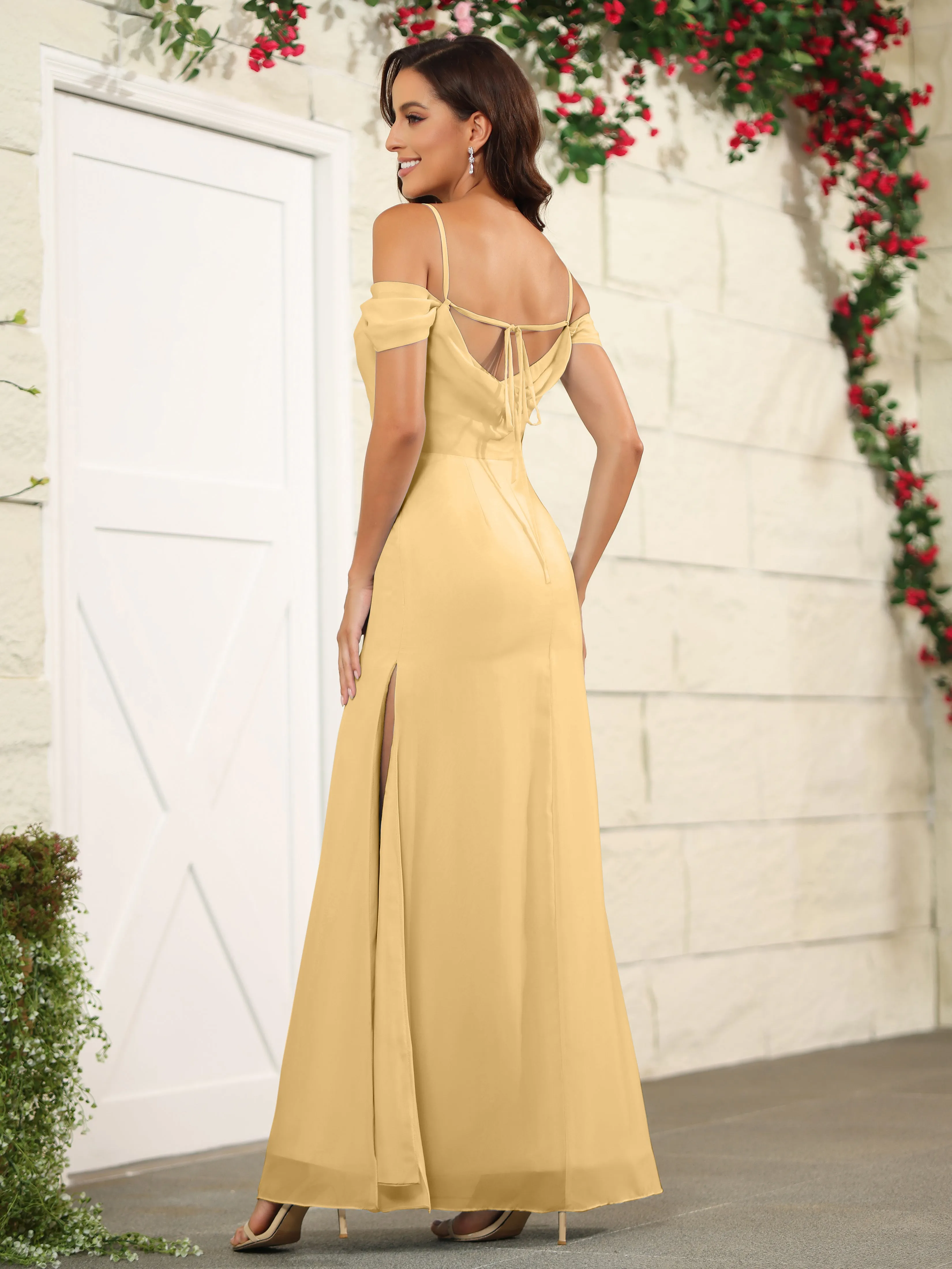 Off The Shoulder Spaghetti Straps Chiffon Bridesmaid Dress with Slit
