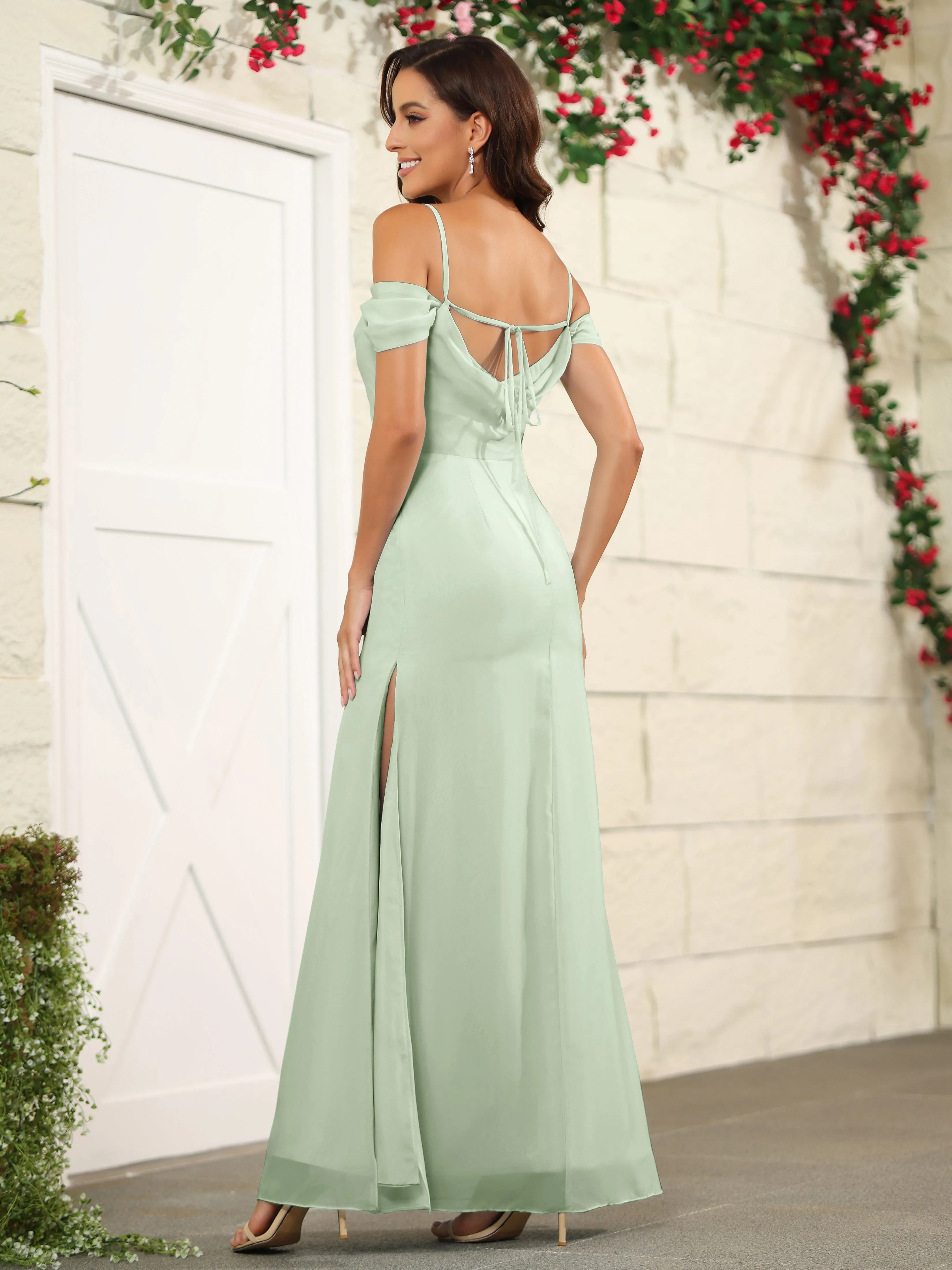 Off The Shoulder Spaghetti Straps Chiffon Bridesmaid Dress with Slit