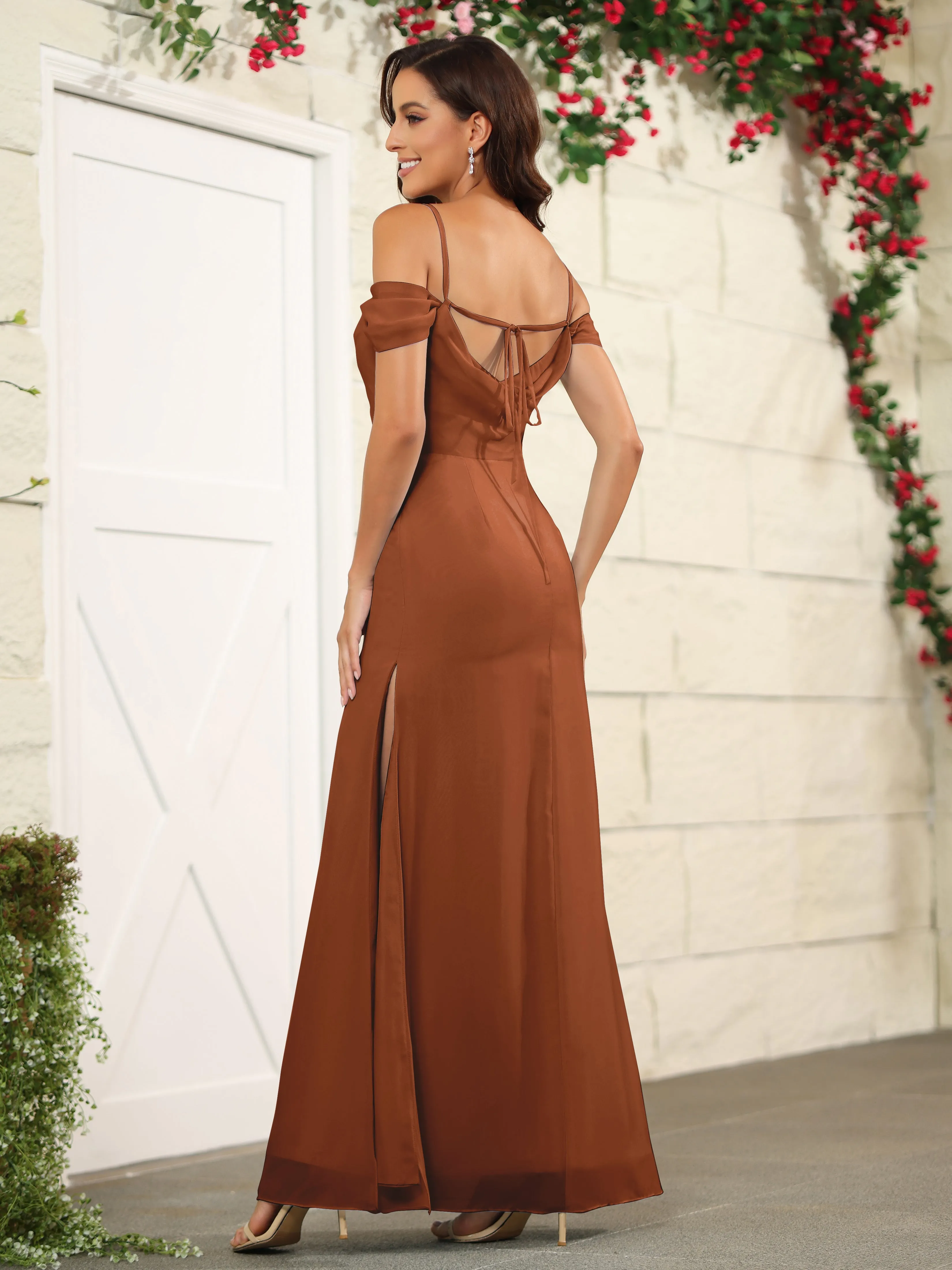 Off The Shoulder Spaghetti Straps Chiffon Bridesmaid Dress with Slit