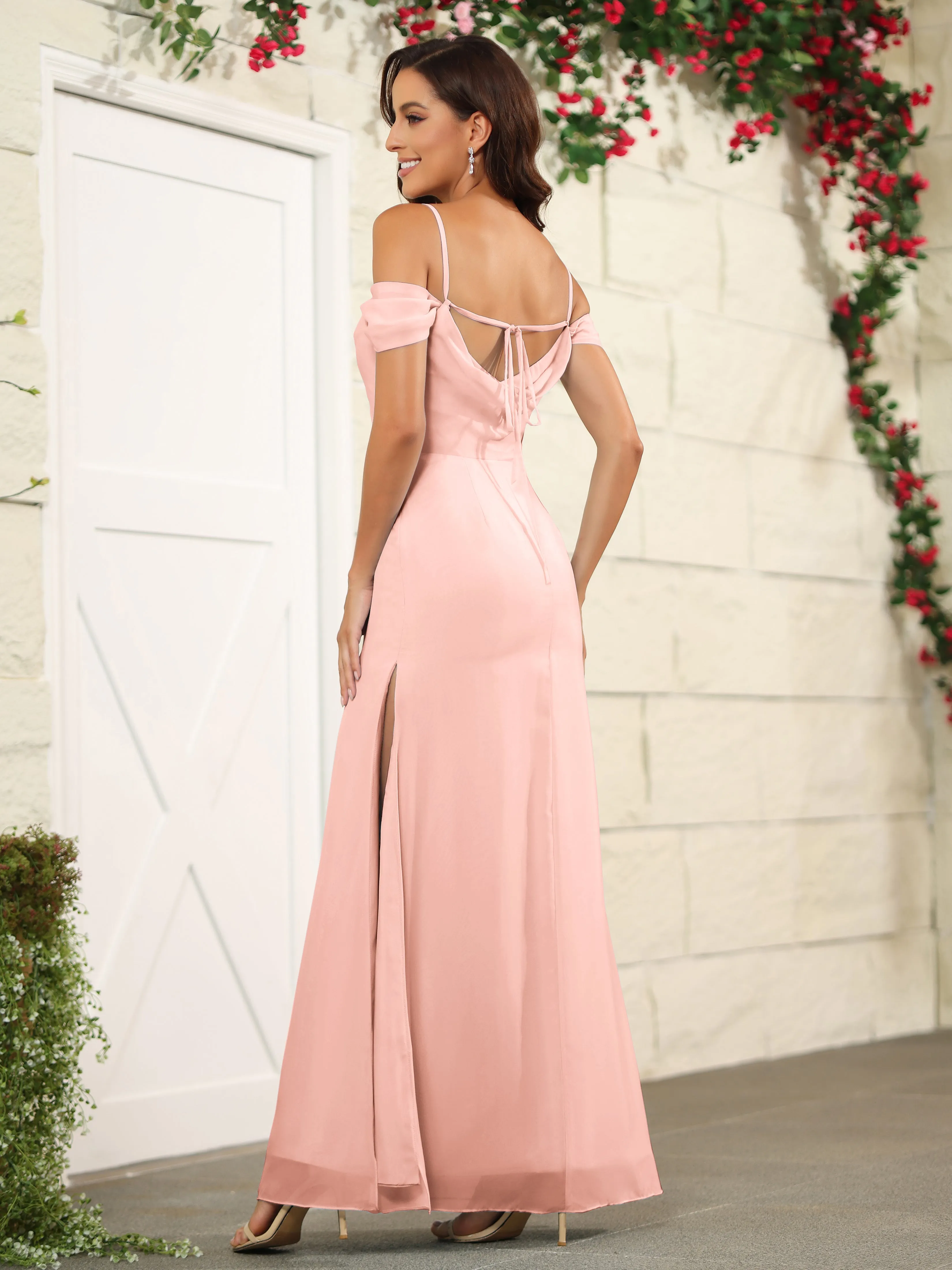 Off The Shoulder Spaghetti Straps Chiffon Bridesmaid Dress with Slit