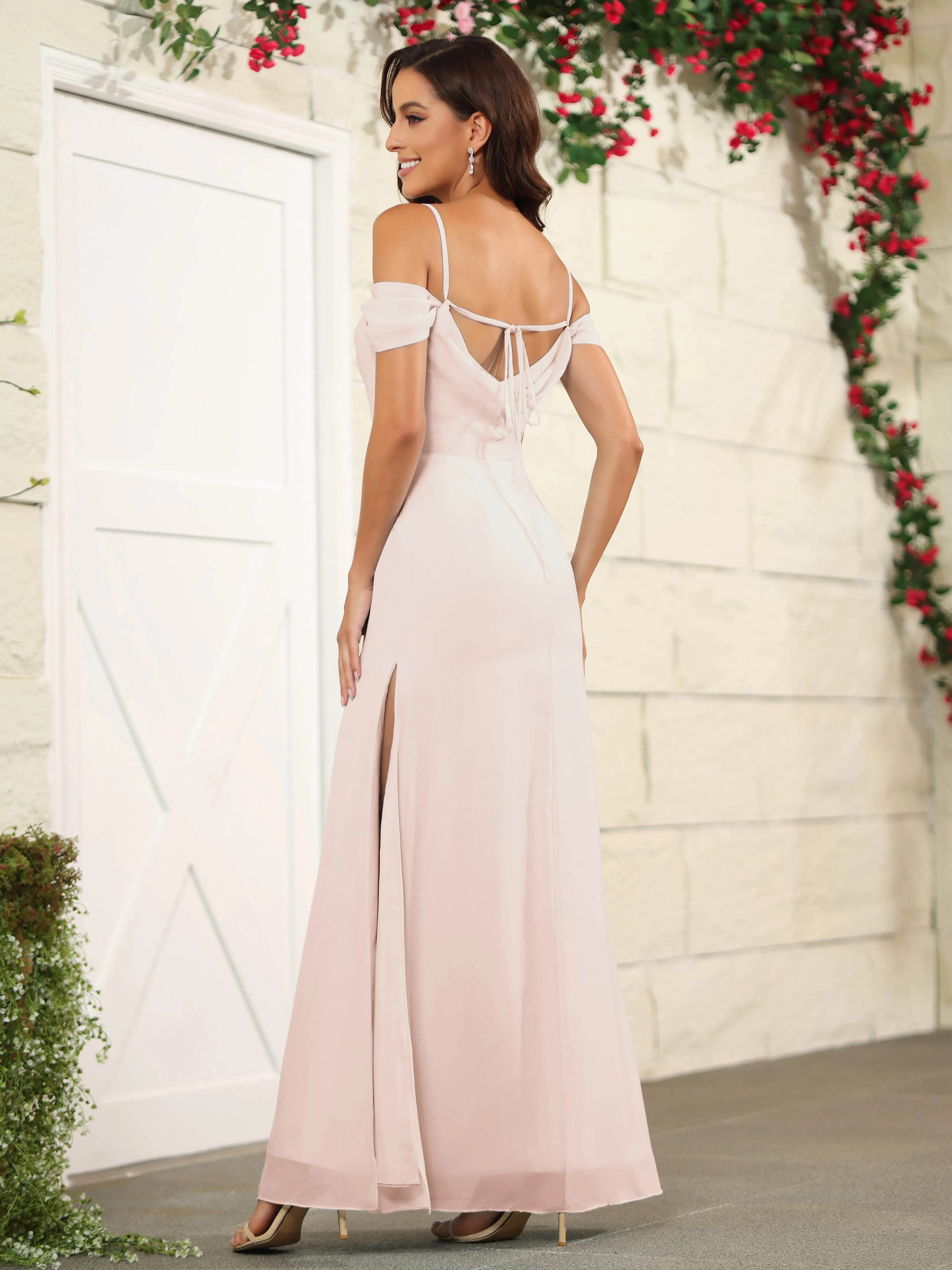 Off The Shoulder Spaghetti Straps Chiffon Bridesmaid Dress with Slit