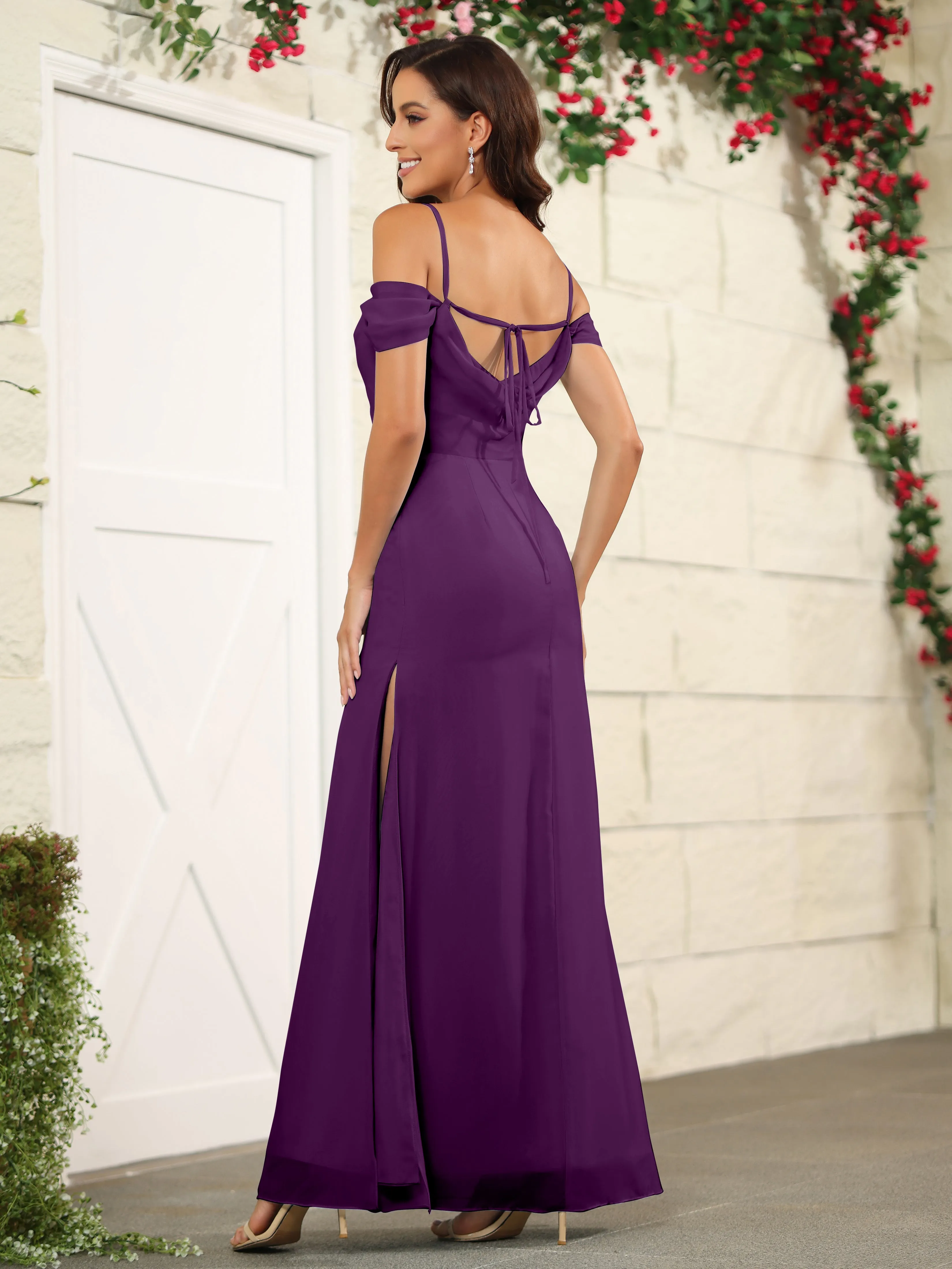Off The Shoulder Spaghetti Straps Chiffon Bridesmaid Dress with Slit