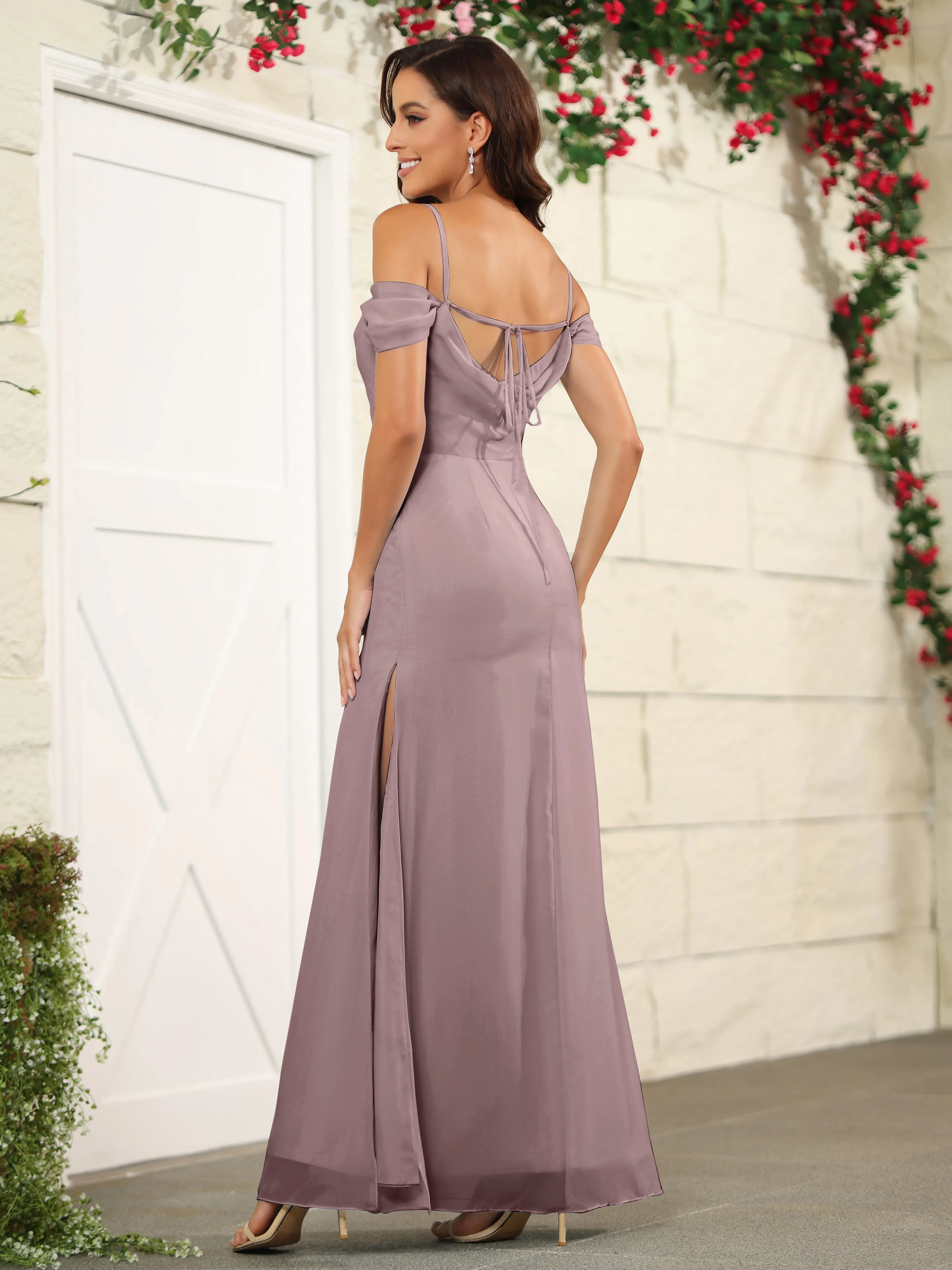 Off The Shoulder Spaghetti Straps Chiffon Bridesmaid Dress with Slit