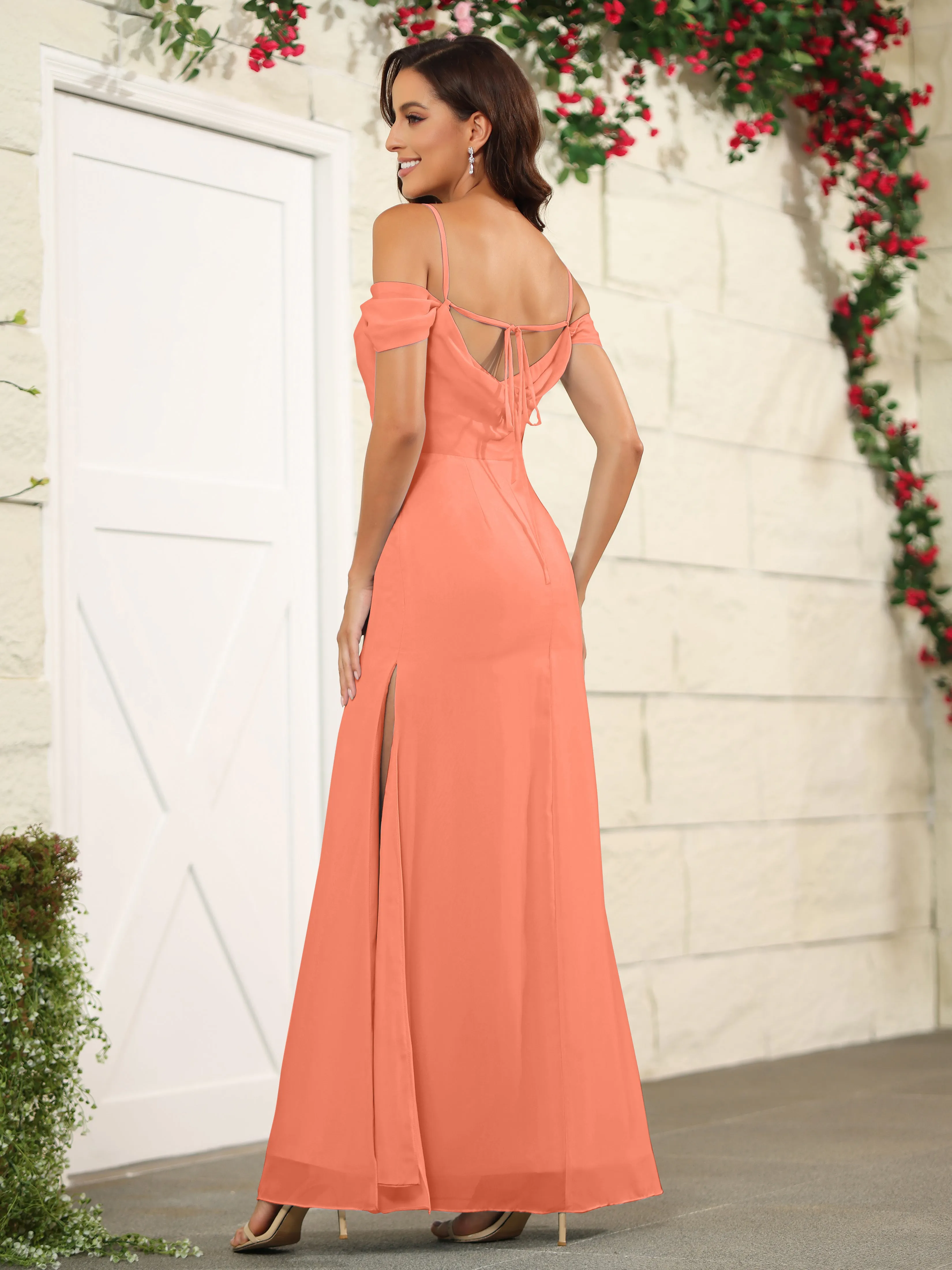 Off The Shoulder Spaghetti Straps Chiffon Bridesmaid Dress with Slit