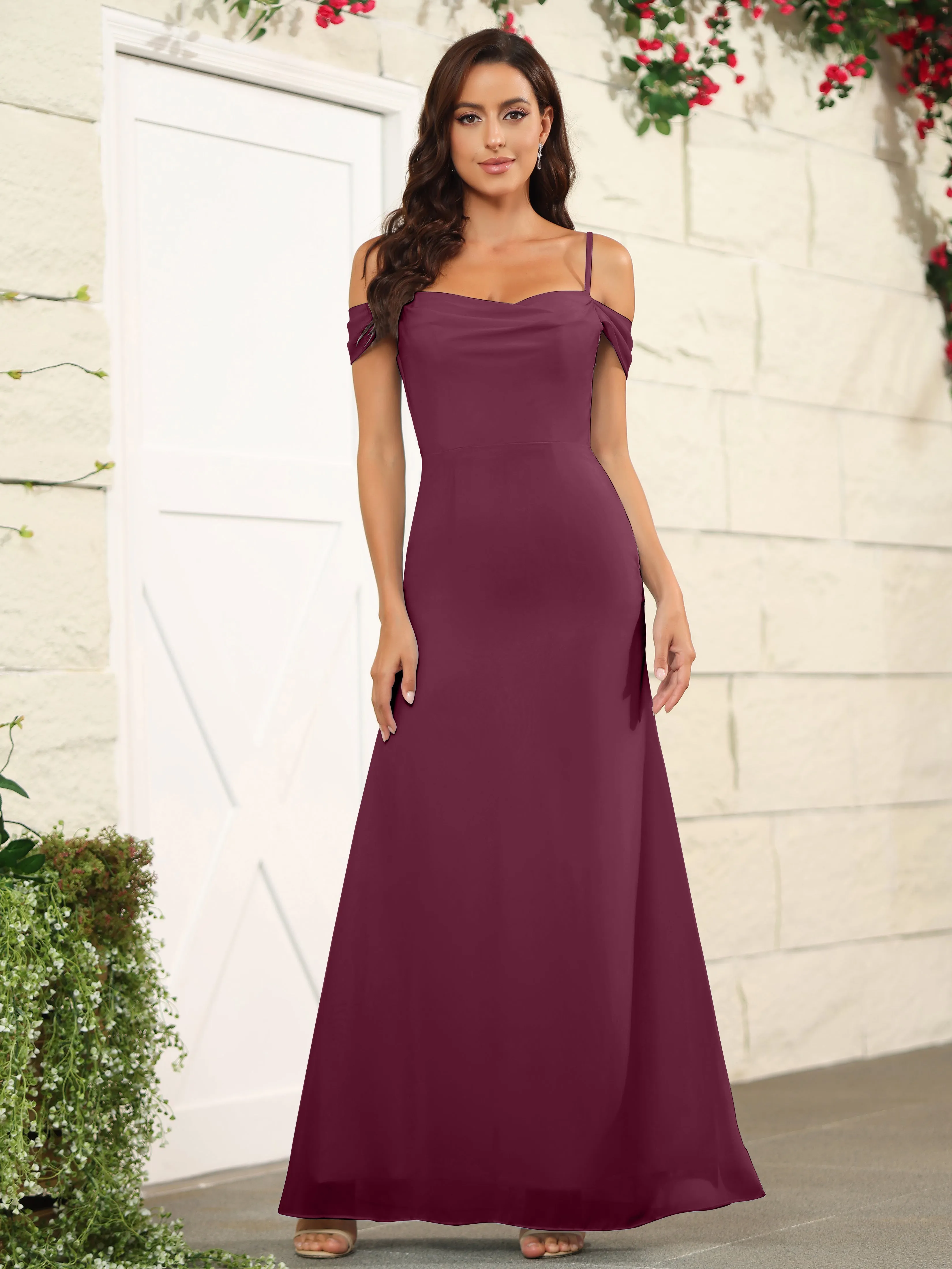 Off The Shoulder Spaghetti Straps Chiffon Bridesmaid Dress with Slit