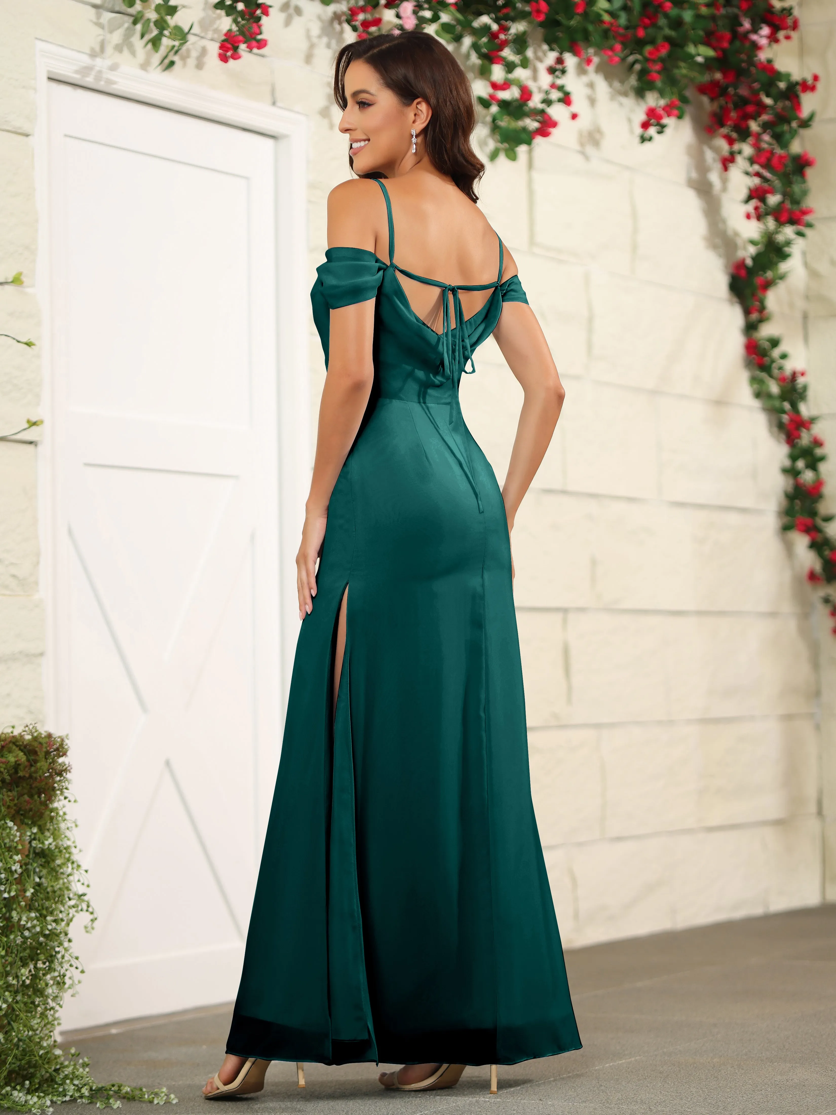 Off The Shoulder Spaghetti Straps Chiffon Bridesmaid Dress with Slit