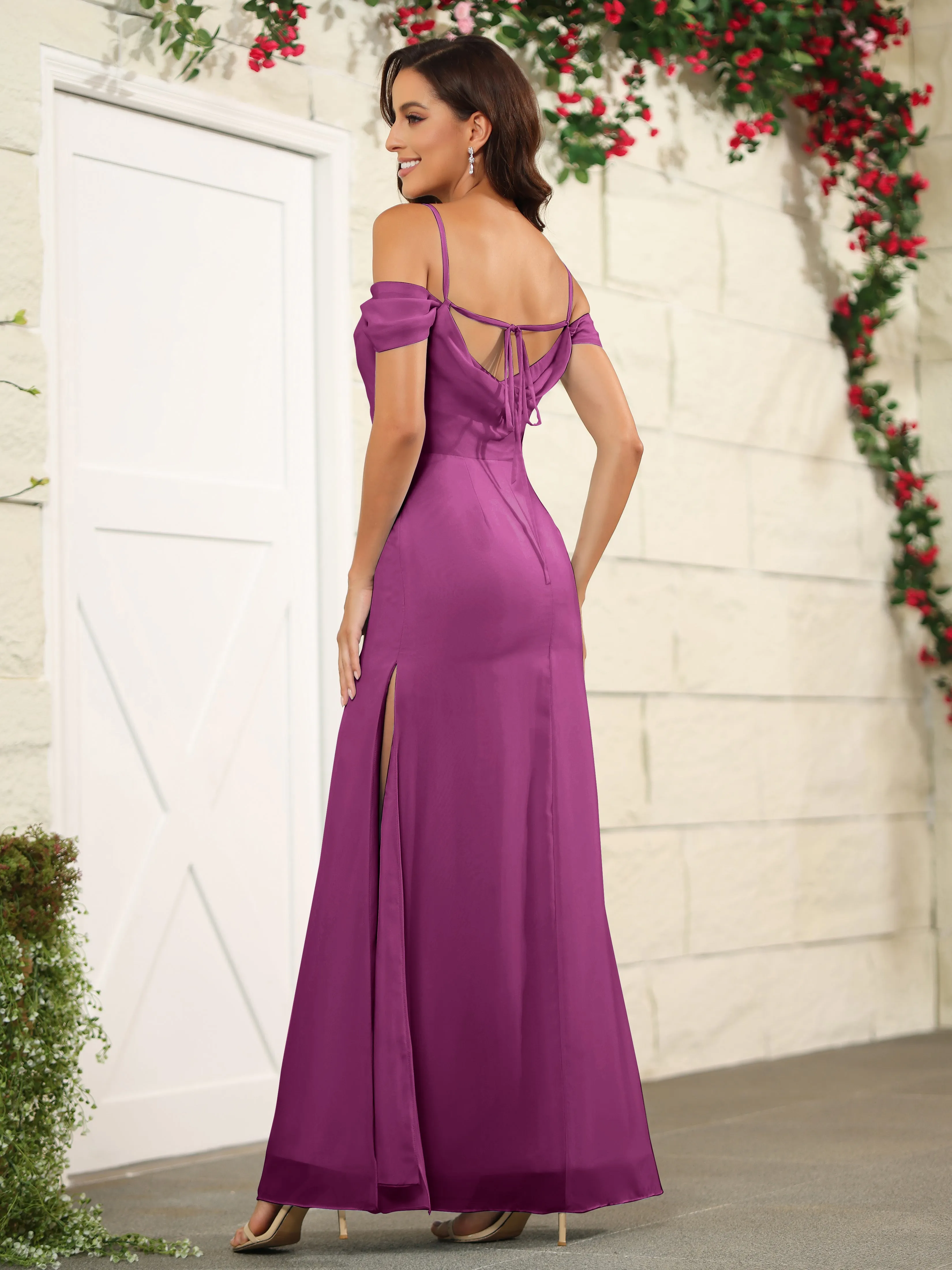 Off The Shoulder Spaghetti Straps Chiffon Bridesmaid Dress with Slit