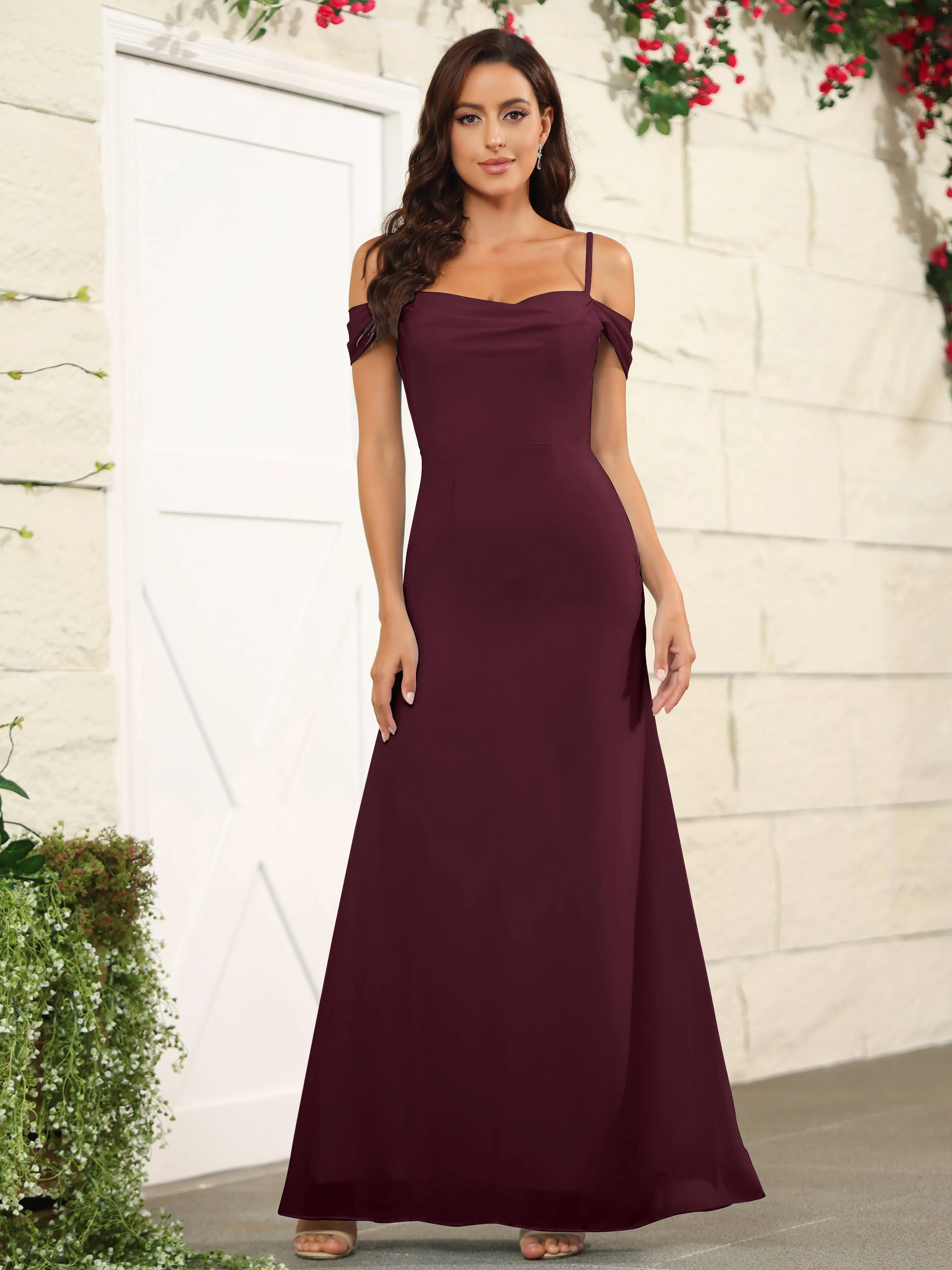 Off The Shoulder Spaghetti Straps Chiffon Bridesmaid Dress with Slit
