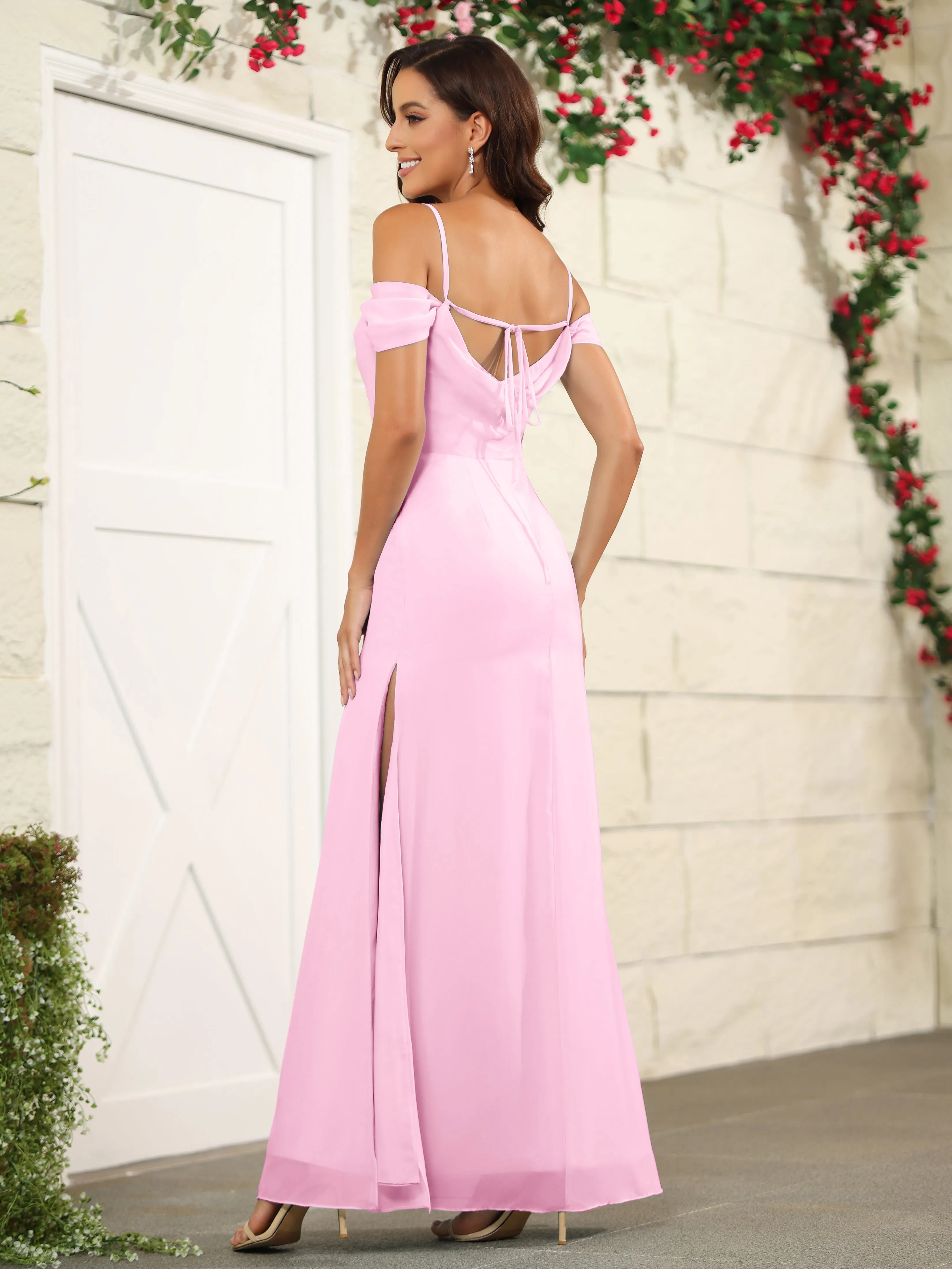 Off The Shoulder Spaghetti Straps Chiffon Bridesmaid Dress with Slit