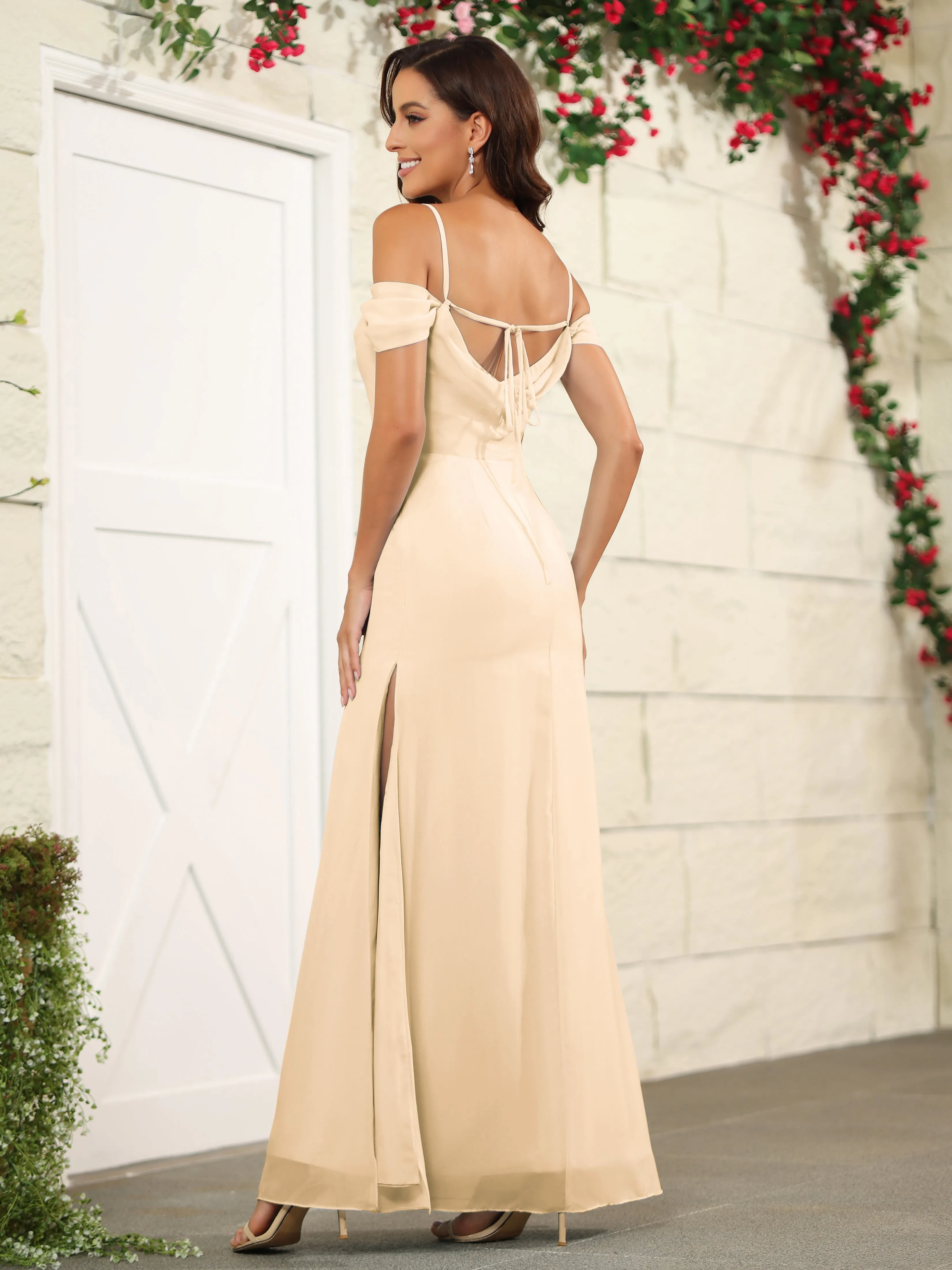 Off The Shoulder Spaghetti Straps Chiffon Bridesmaid Dress with Slit