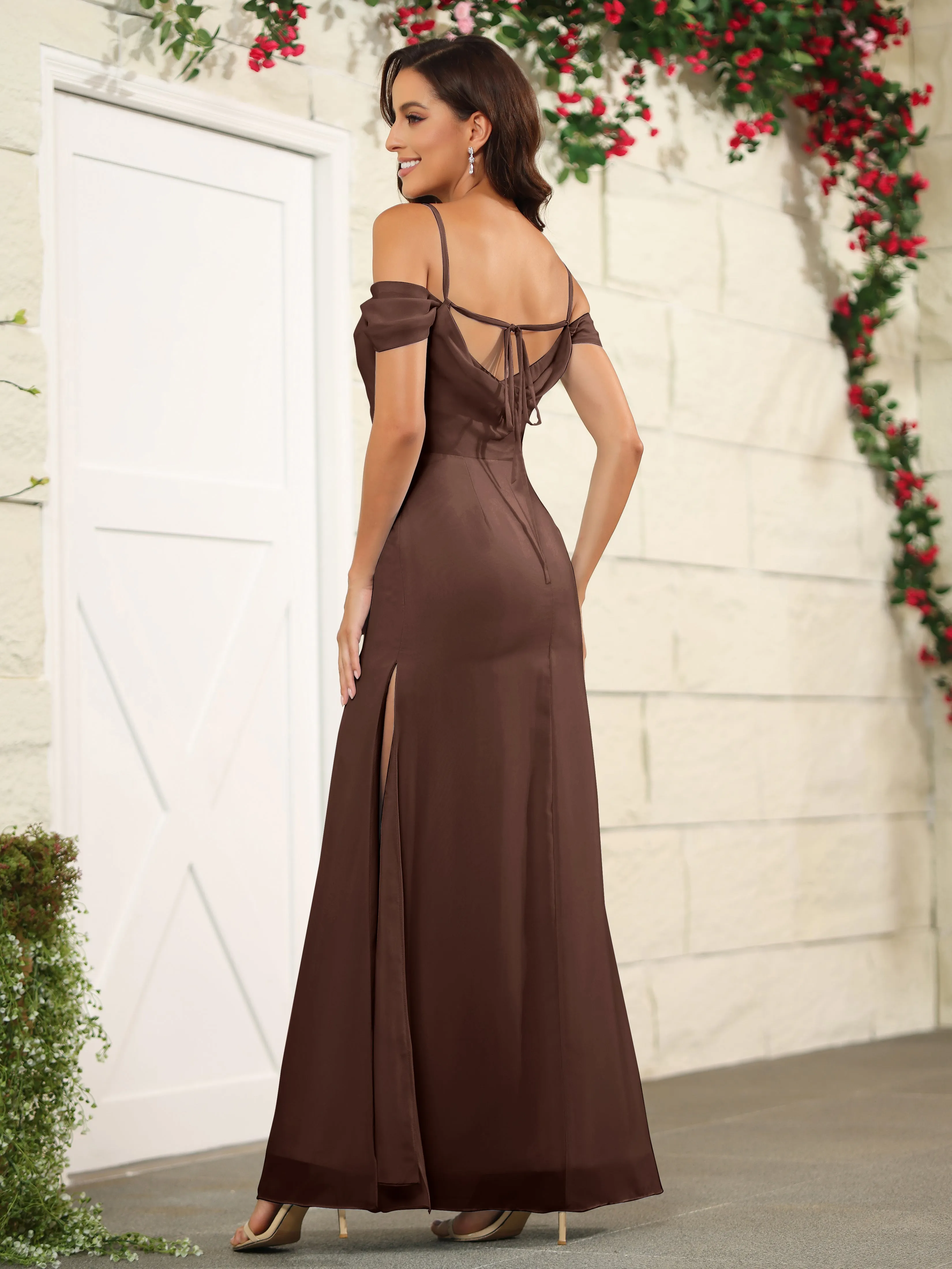 Off The Shoulder Spaghetti Straps Chiffon Bridesmaid Dress with Slit