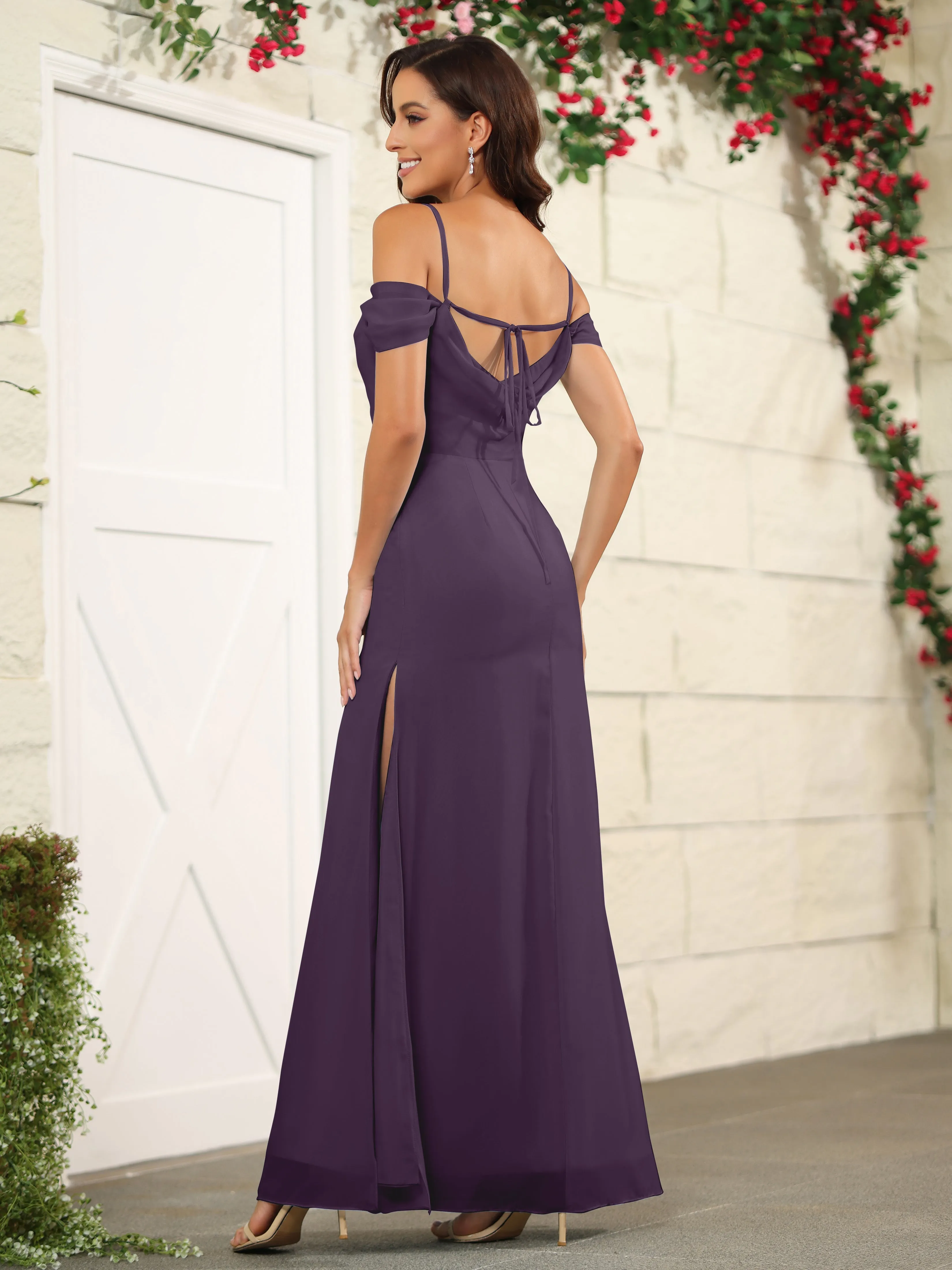 Off The Shoulder Spaghetti Straps Chiffon Bridesmaid Dress with Slit