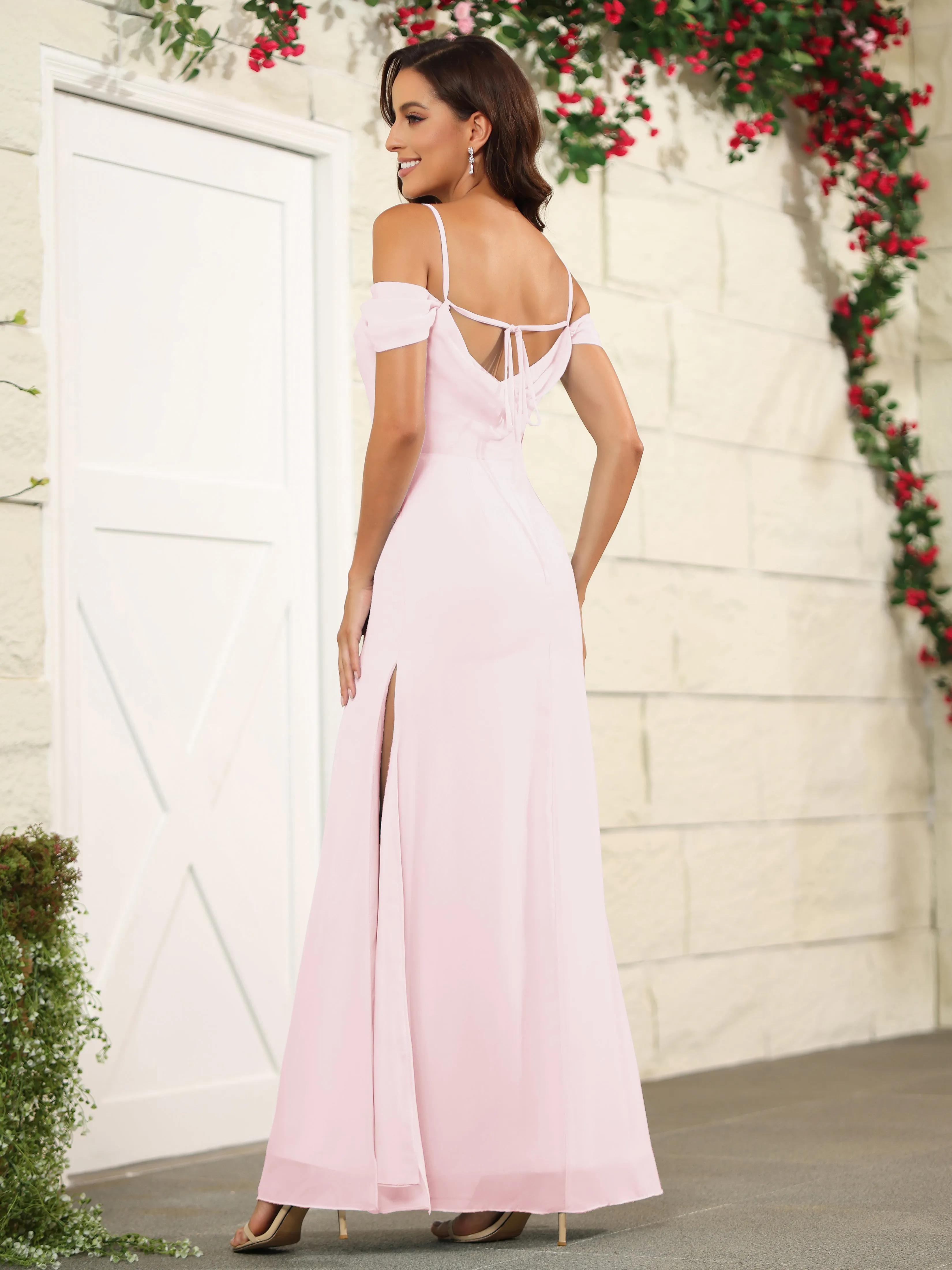 Off The Shoulder Spaghetti Straps Chiffon Bridesmaid Dress with Slit