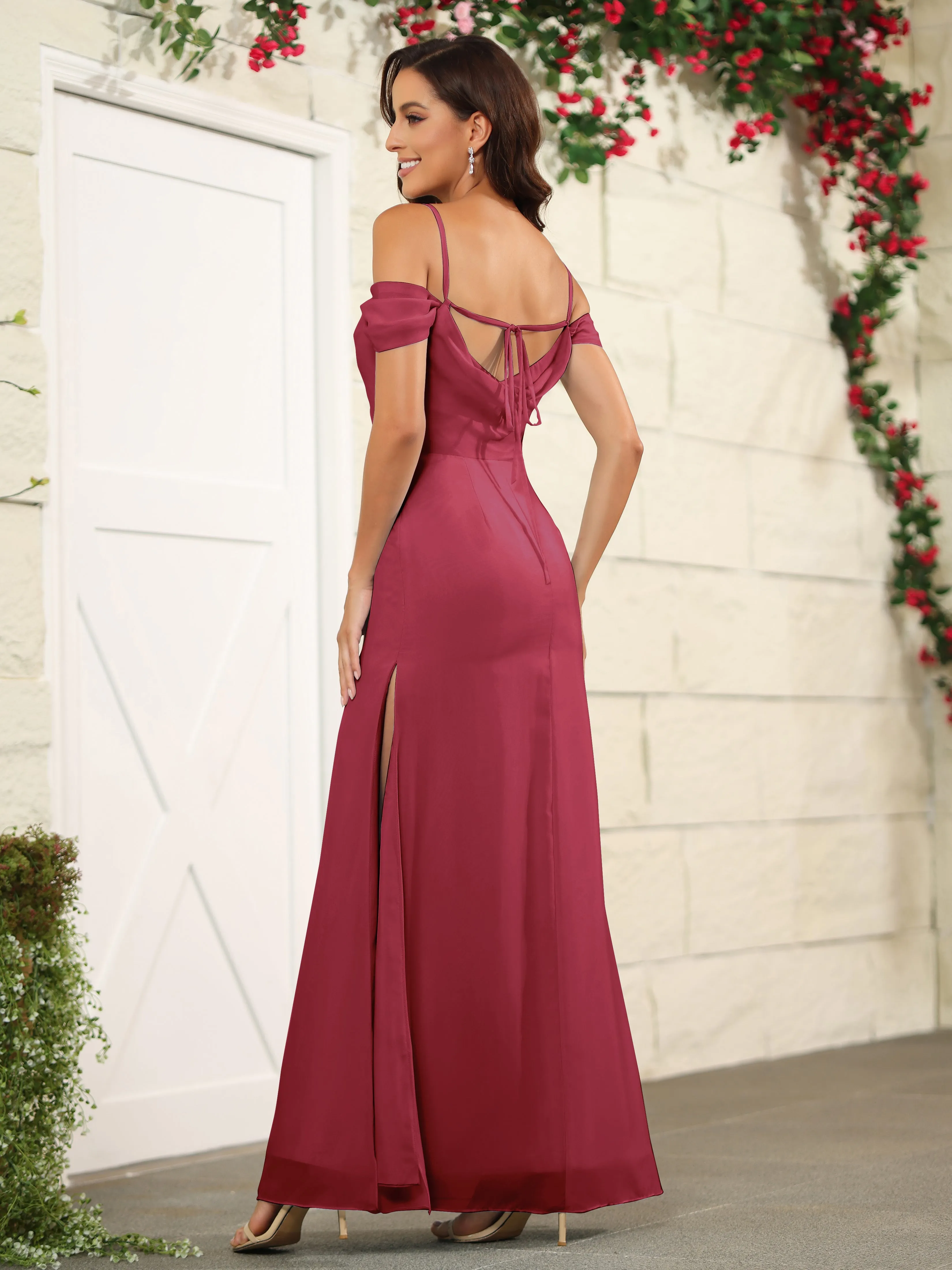 Off The Shoulder Spaghetti Straps Chiffon Bridesmaid Dress with Slit