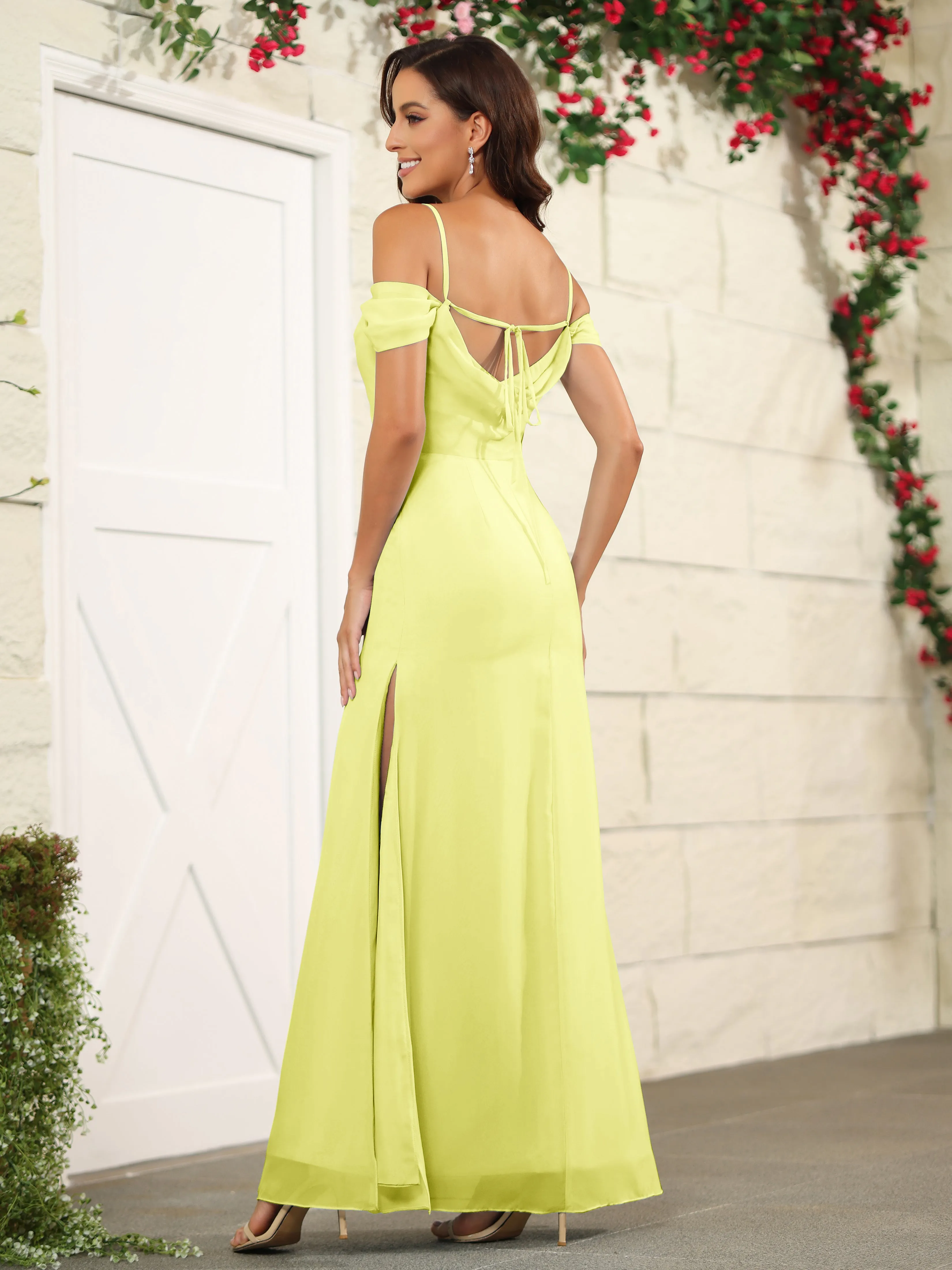 Off The Shoulder Spaghetti Straps Chiffon Bridesmaid Dress with Slit