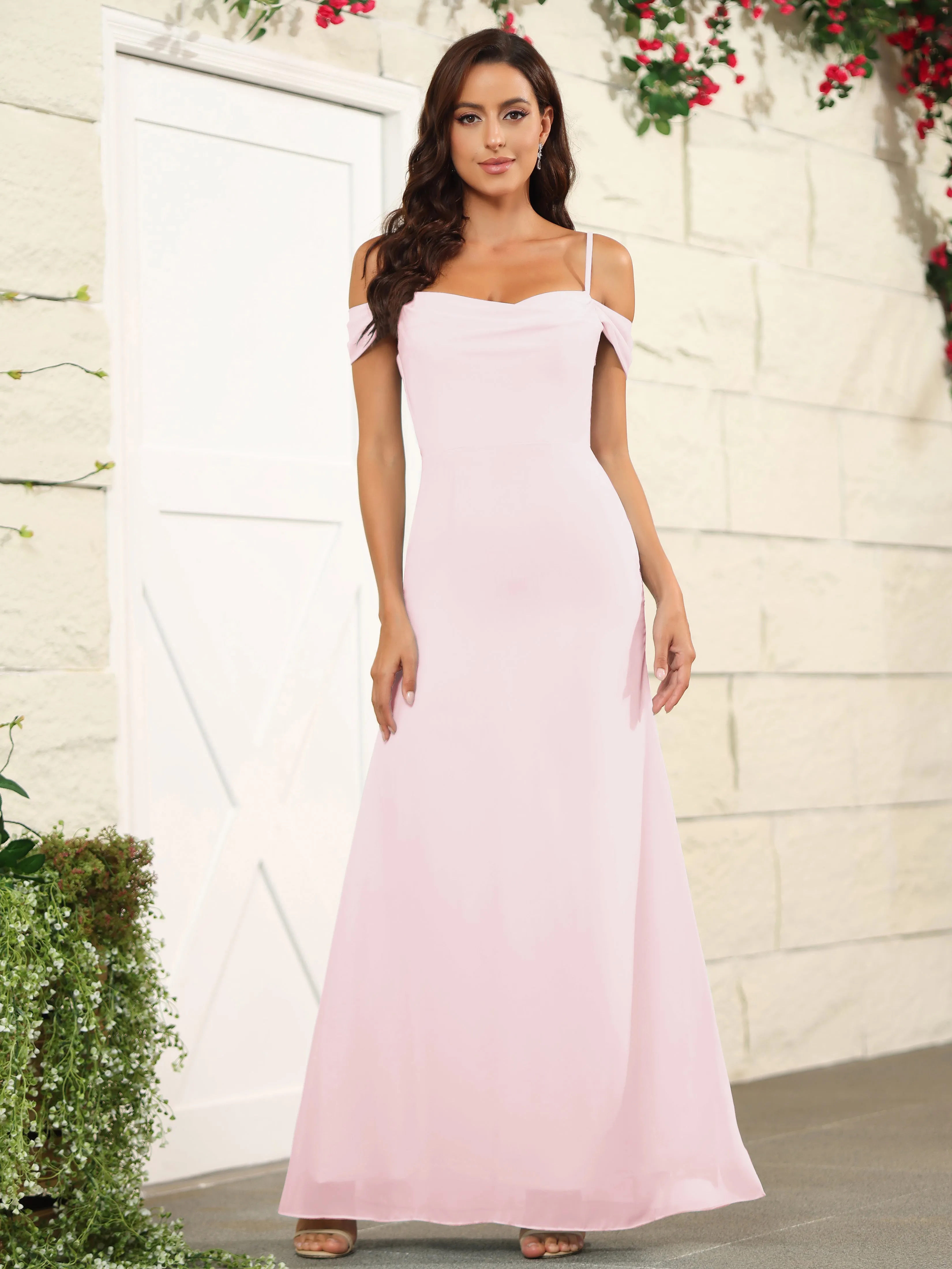 Off The Shoulder Spaghetti Straps Chiffon Bridesmaid Dress with Slit